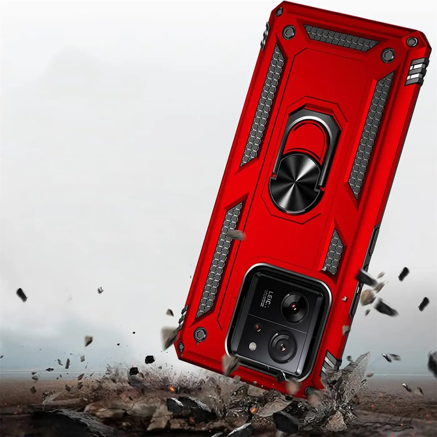 Rote Hülle mit Ringhalter für Xiaomi 13T/13T Pro, von schräg oben.