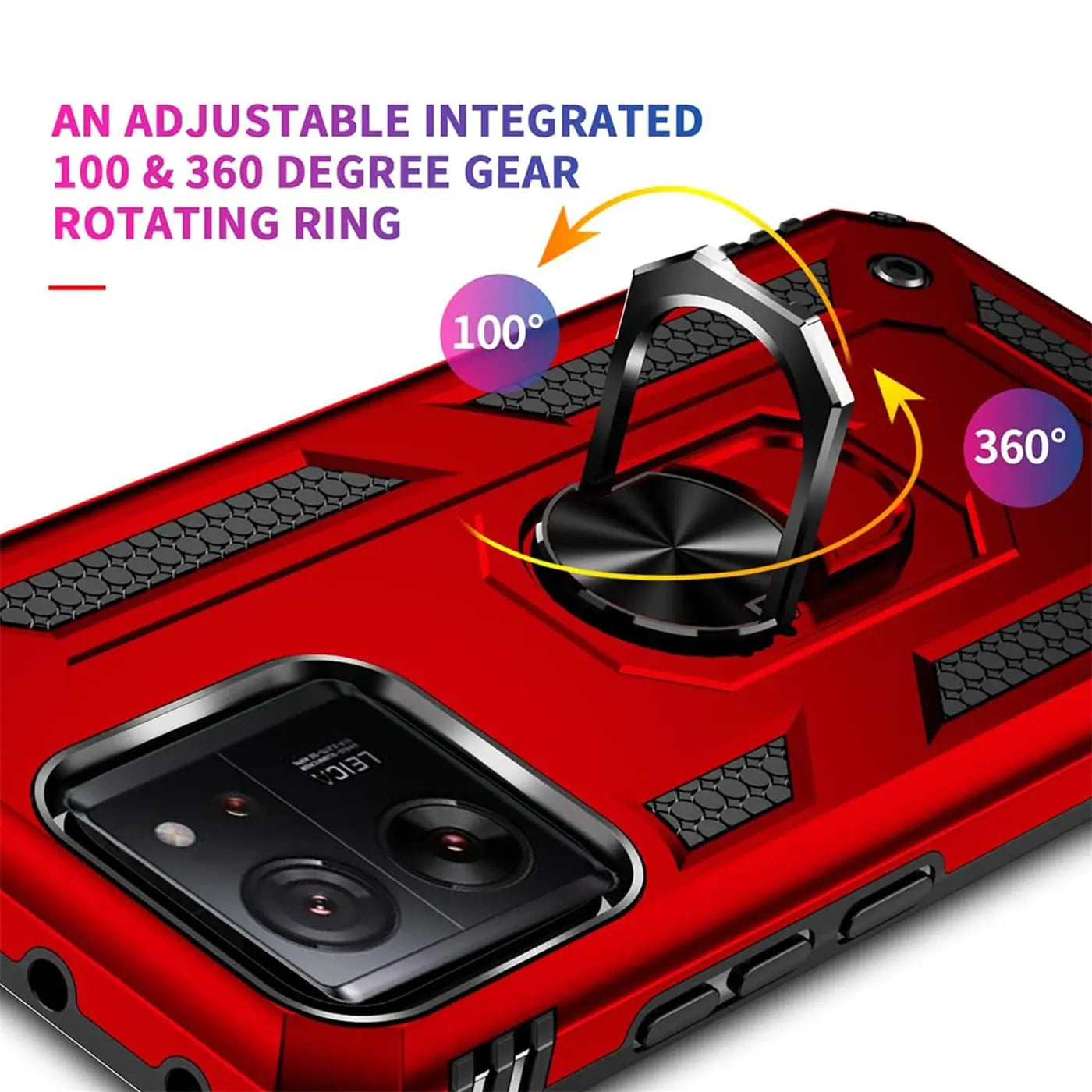Rote Hülle aus Kunststoff mit Ringhalter, Nahaufnahme, Xiaomi 13T / 13T Pro erkennbar.
