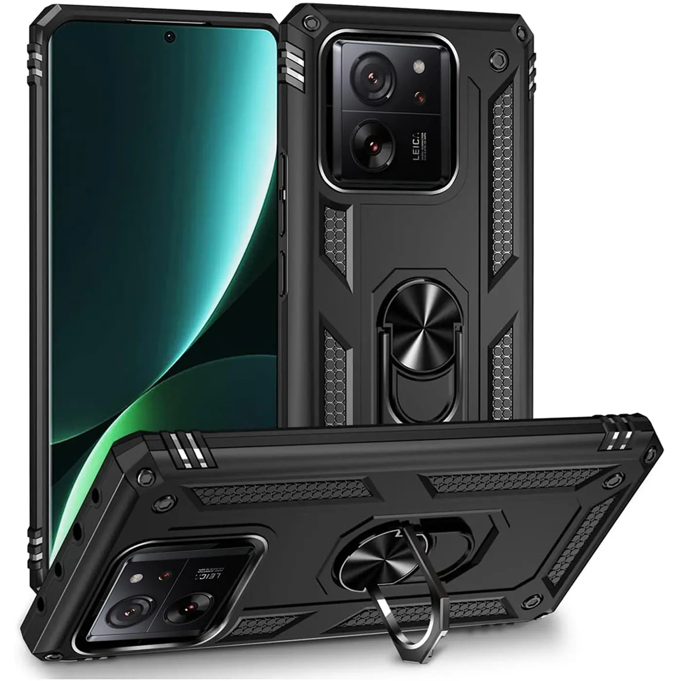 Schwarze Militärhülle aus Kunststoff mit Ringhalter für Xiaomi 13T/13T Pro, Seitenansicht.