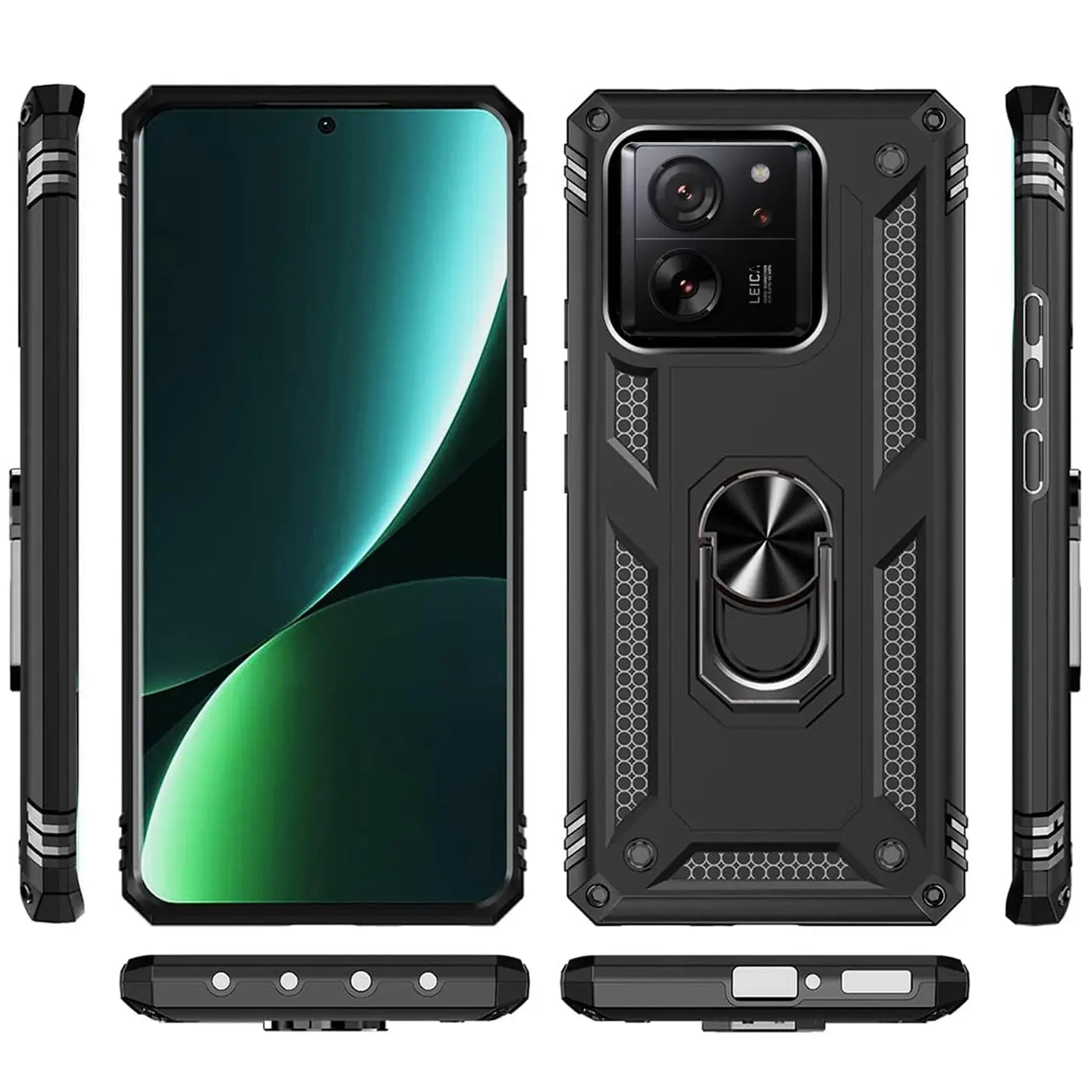 Schwarze Hülle aus Kunststoff mit Ringhalter für Xiaomi 13T/13T Pro, verschiedene Ansichten.