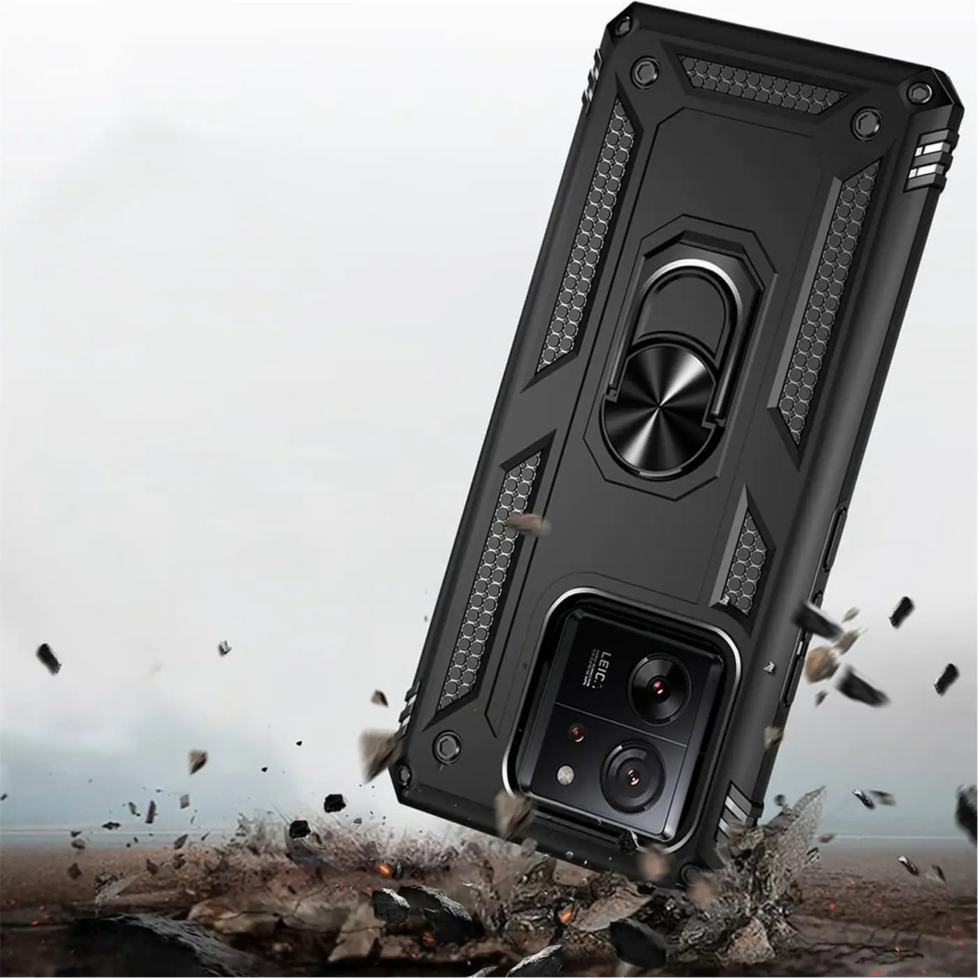 Schwarze Hülle mit Ringhalter, schräg von unten, Xiaomi 13T / 13T Pro.