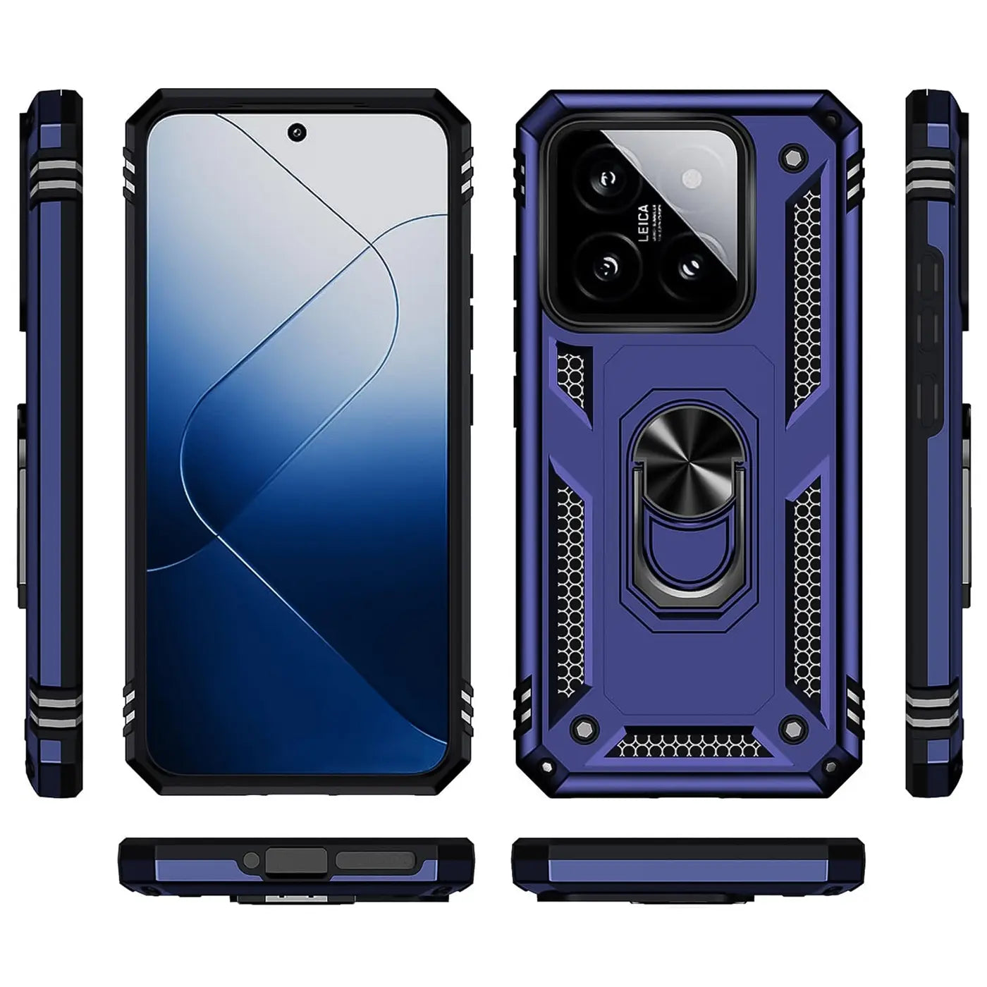 Blaue Hülle mit Ringhalter für Xiaomi 14 Pro, verschiedene Ansichten.