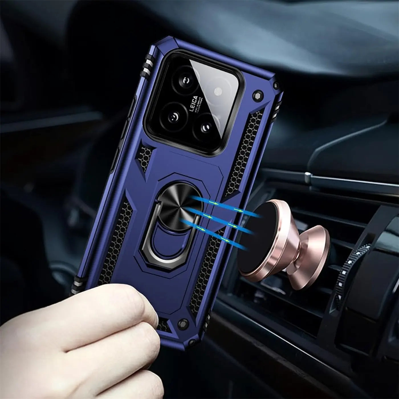 Dunkelblaue Hülle mit Ringhalter für Xiaomi 14 Pro, von vorne, mit Magnet.