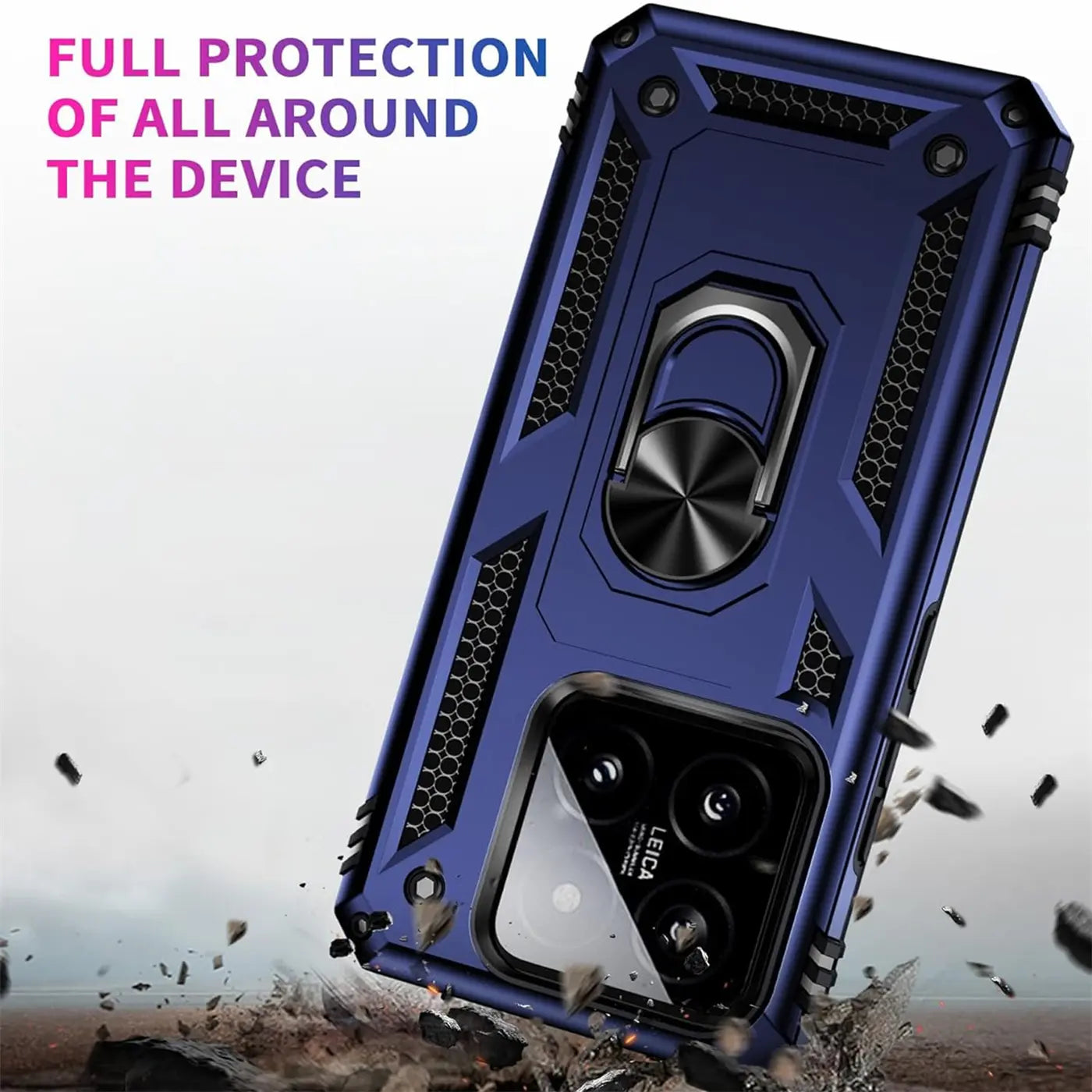 Blaue Military Hülle mit Ringhalter für Xiaomi 14 Pro, aus Kunststoff, von schräg oben