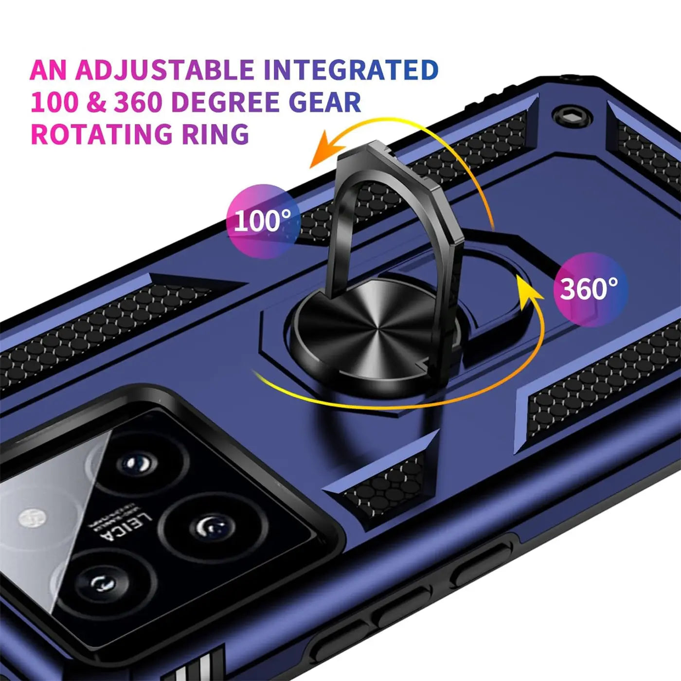 Dunkelblaue Hülle aus Metall/Kunststoff mit Ringhalter für Xiaomi 14 Pro, Nahaufnahme.