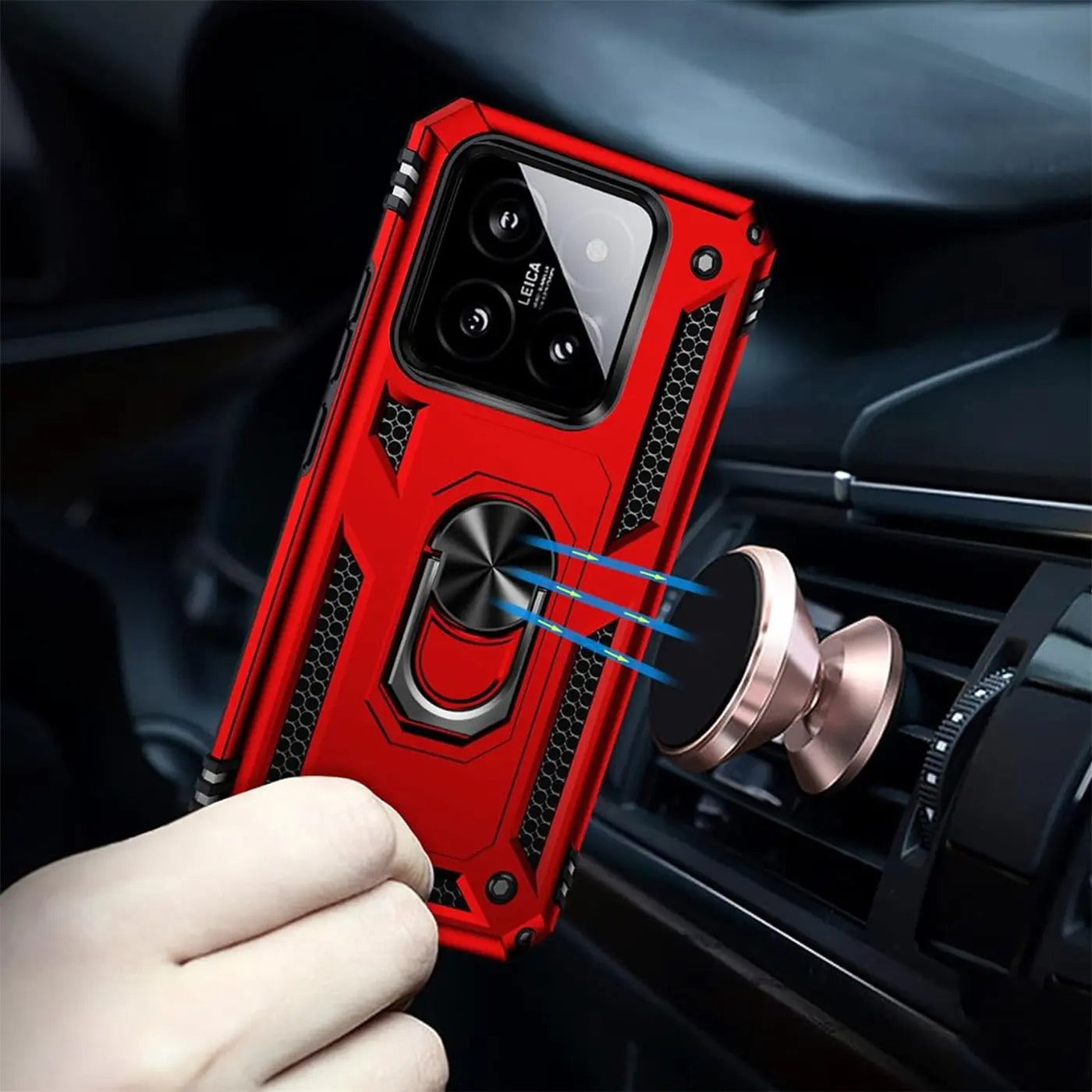 Rote Hülle mit Ringhalter für Xiaomi 14 Pro, von vorne, Metall und Kunststoff.