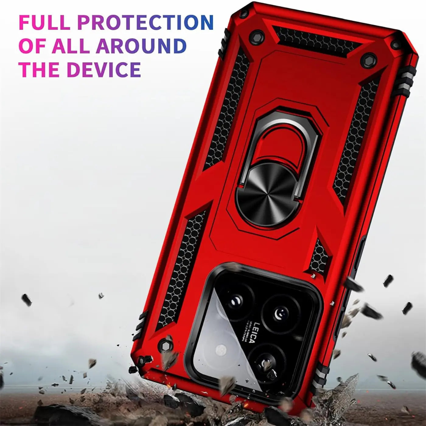 Rote Military-Hülle mit Ringhalter für Xiaomi 14 Pro, von vorne leicht schräg.