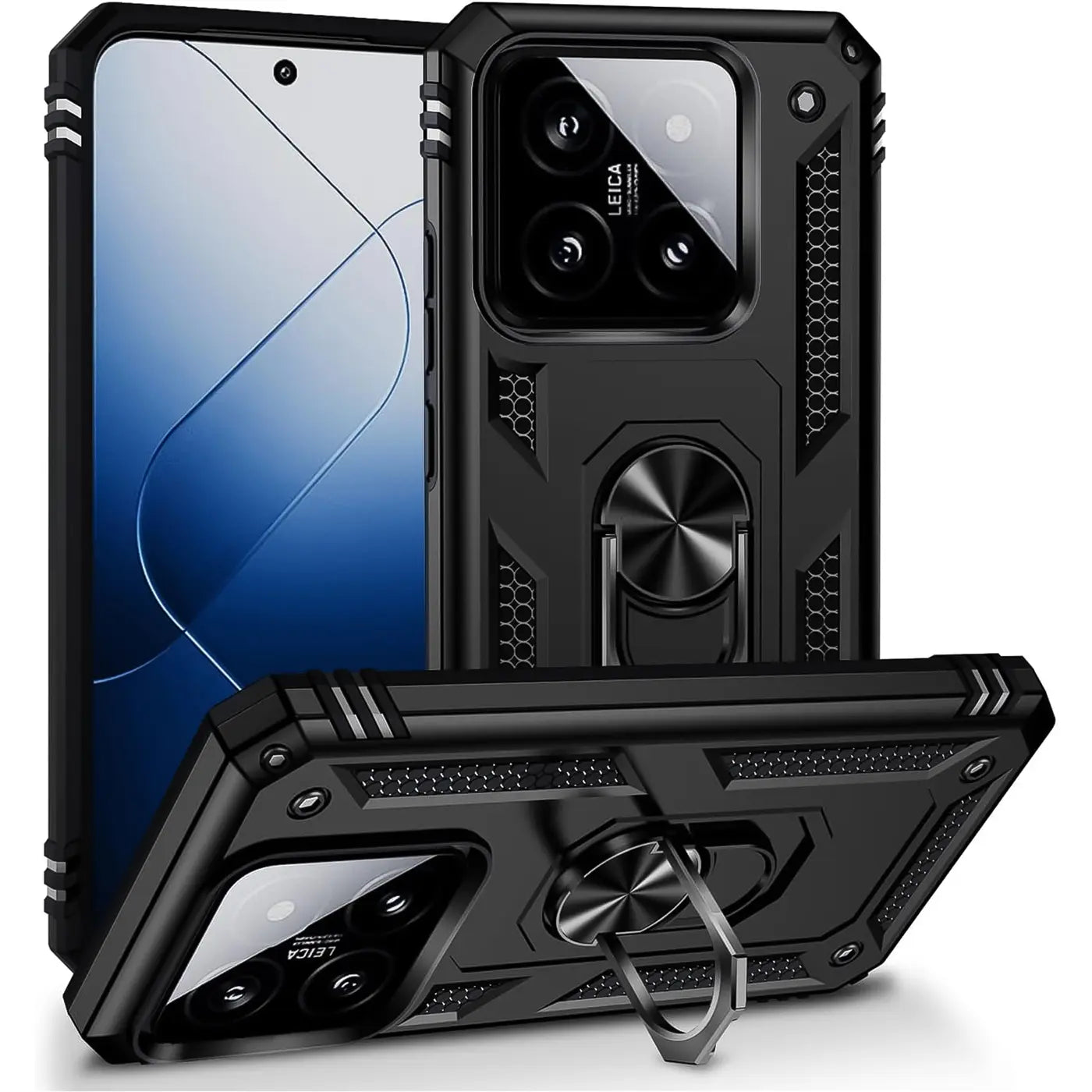 Schwarze Hülle aus Kunststoff mit Ringhalter für Xiaomi 14 Pro, von vorne und schräg unten gezeigt.