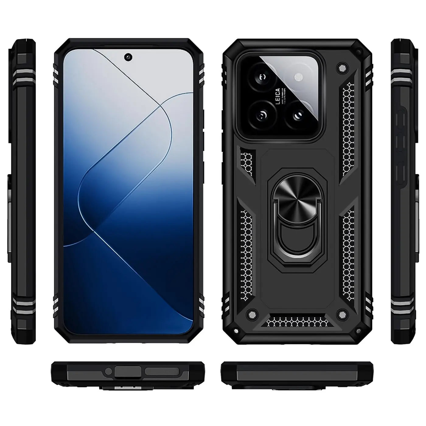 Schwarze Hülle mit Ringhalter für Xiaomi 14 Pro, verschiedene Ansichten.