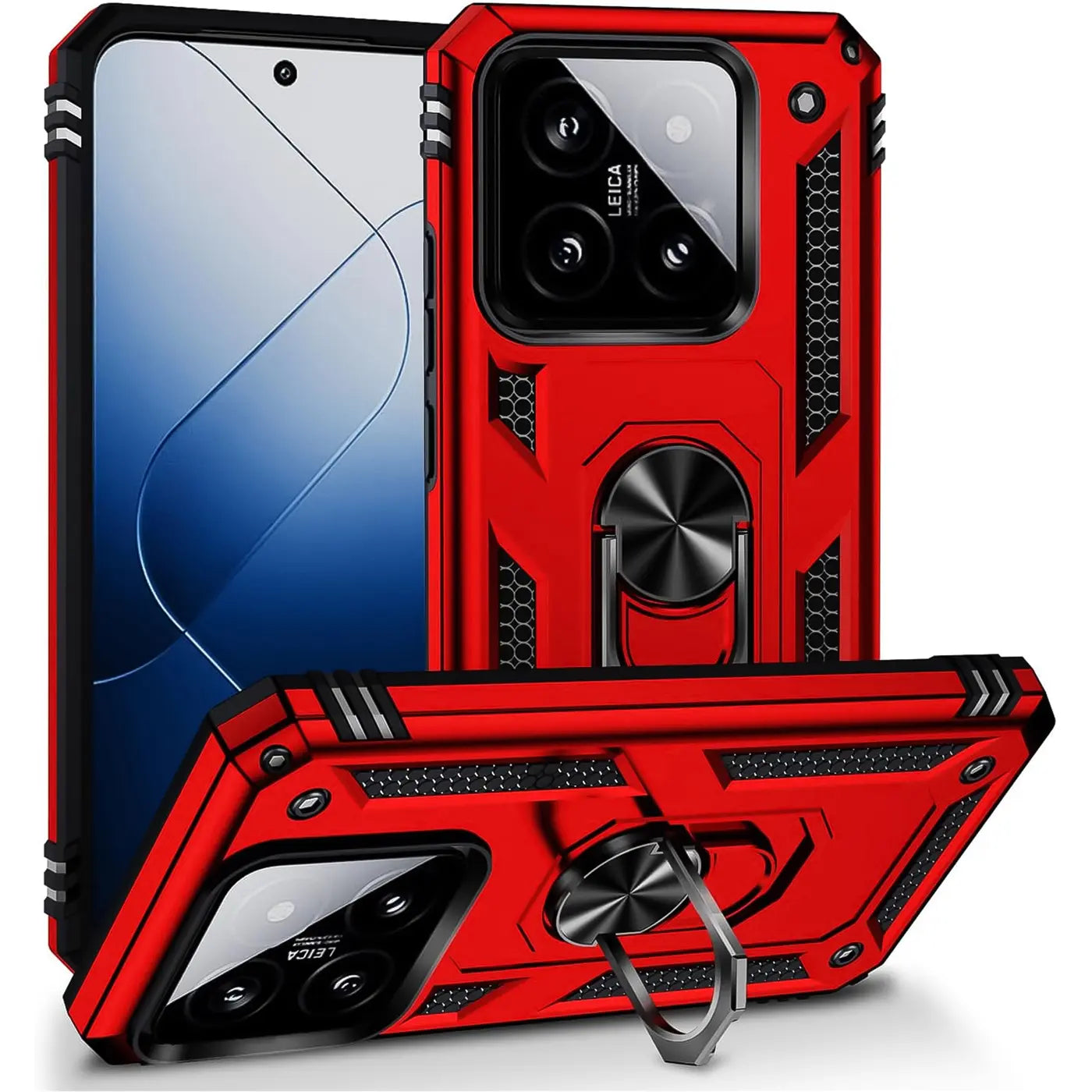 Rote Hülle mit Ringhalter für Xiaomi 14, aus Kunststoff, von vorne und schräg.