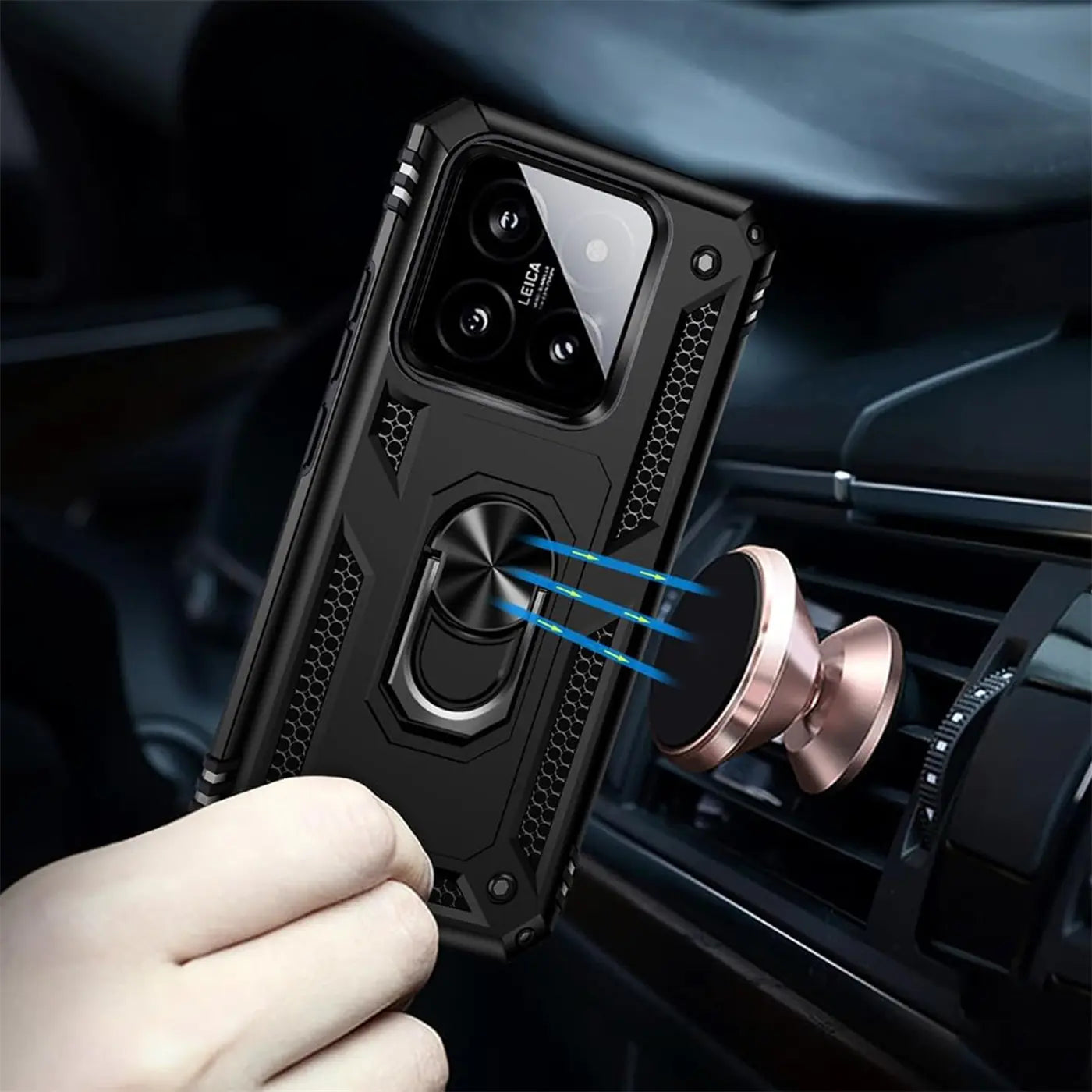 Schwarze Hülle mit Ringhalter für Xiaomi 14, aus Kunststoff, von vorne links, mit Magnet im Auto-Lüftungsschlitz