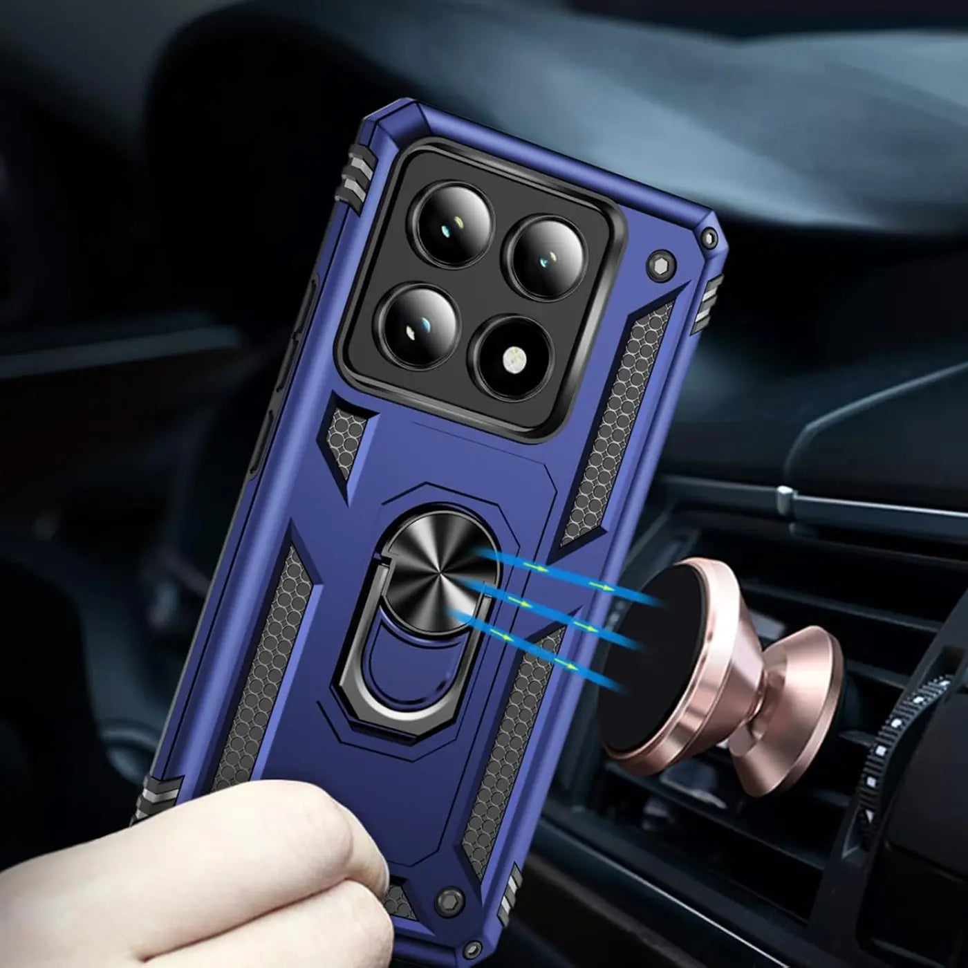 Blaue Hülle mit Ringhalter für Xiaomi 14T Pro, Nahaufnahme, von hinten