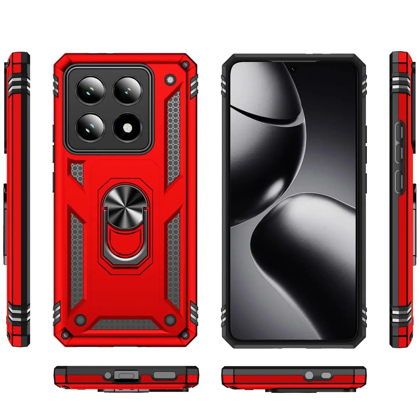 Rote Hülle mit Ringhalter für Xiaomi 14T Pro, von vorne, Seite, Rückseite.