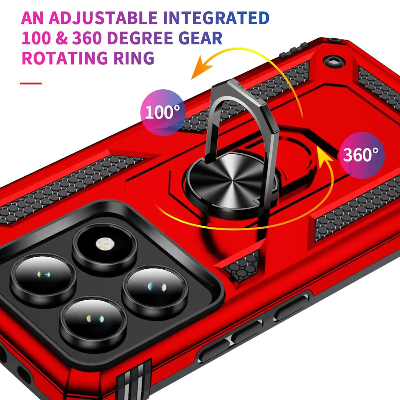 Rote Hülle mit Ringhalter für Xiaomi 14T Pro, aus Kunststoff, Nahaufnahme, von oben.