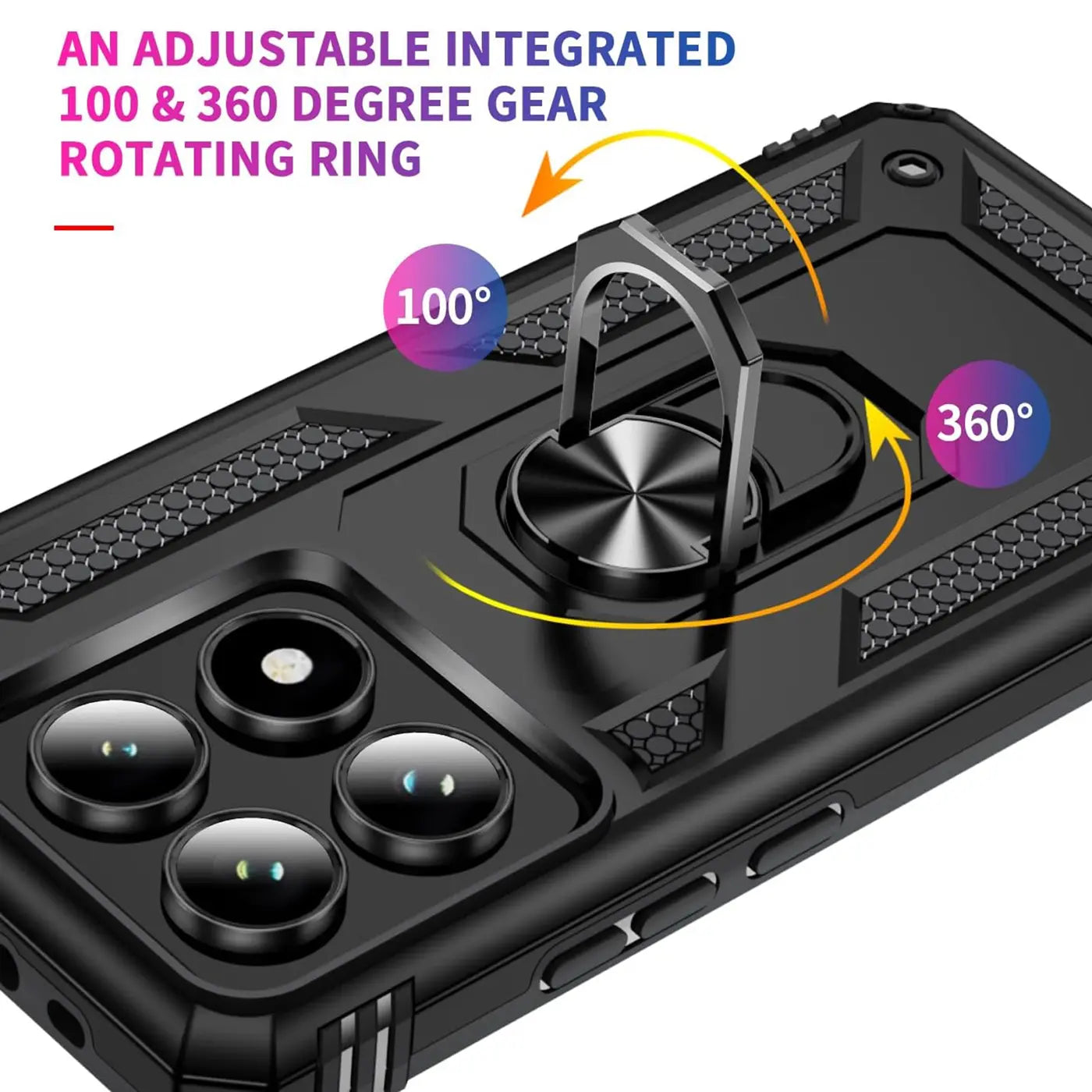 Schwarze Militärhülle aus Kunststoff mit Ringhalter für Xiaomi 14T Pro, Nahaufnahme.