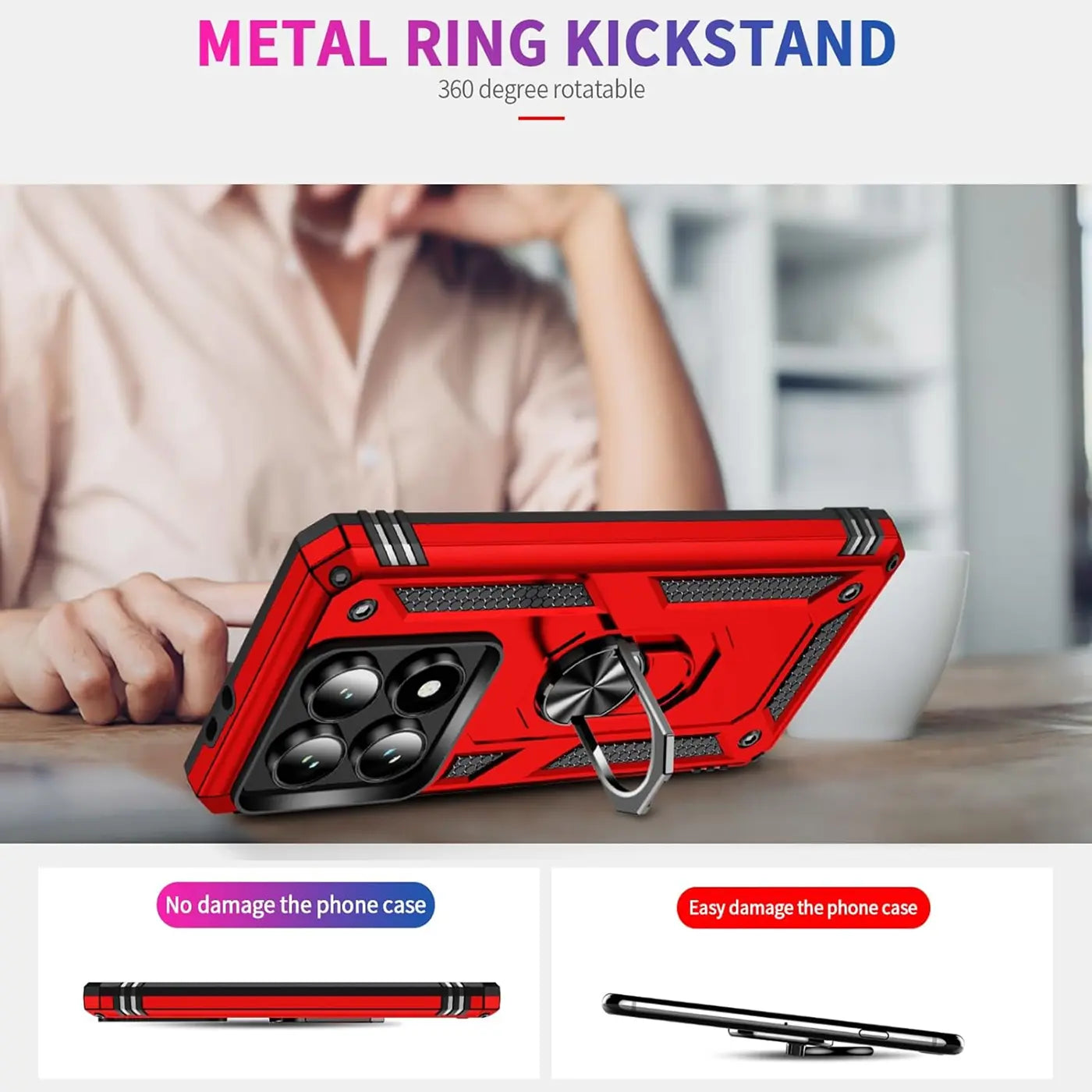 Rote Handyhülle aus Kunststoff mit Metallringhalter, von schräg unten gezeigt, Xiaomi 14T erkennbar.