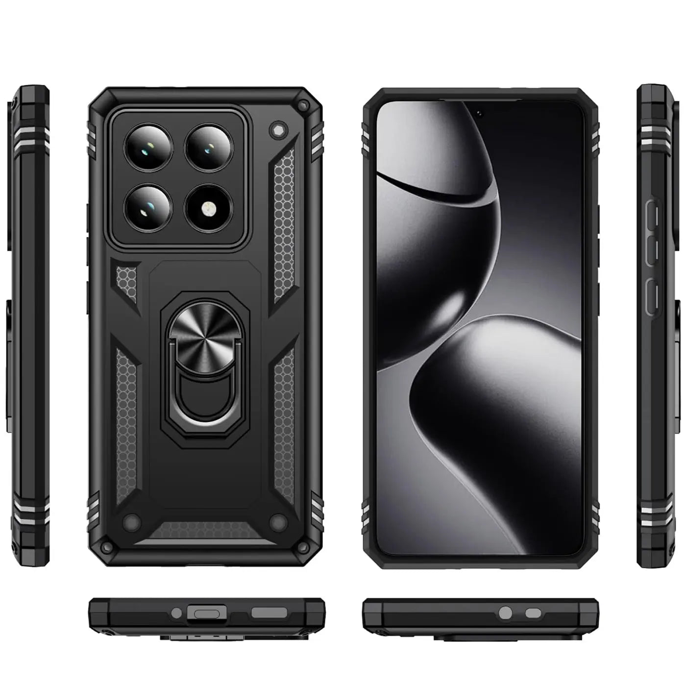 Schwarze Militär-Handyhülle aus Kunststoff mit Ringhalter, Vorder- und Rückansicht, erkennbar: Xiaomi 14T
