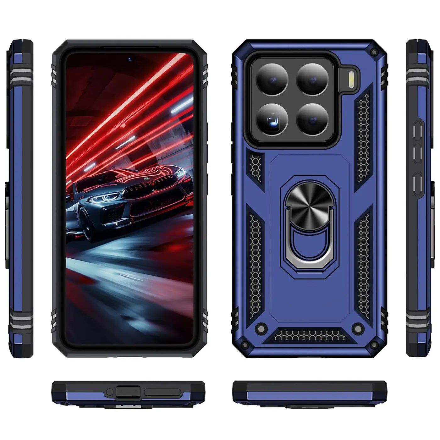 Blaue Hülle mit Ringhalter für Xiaomi 15, von vorne, hinten und seitlich gezeigt.