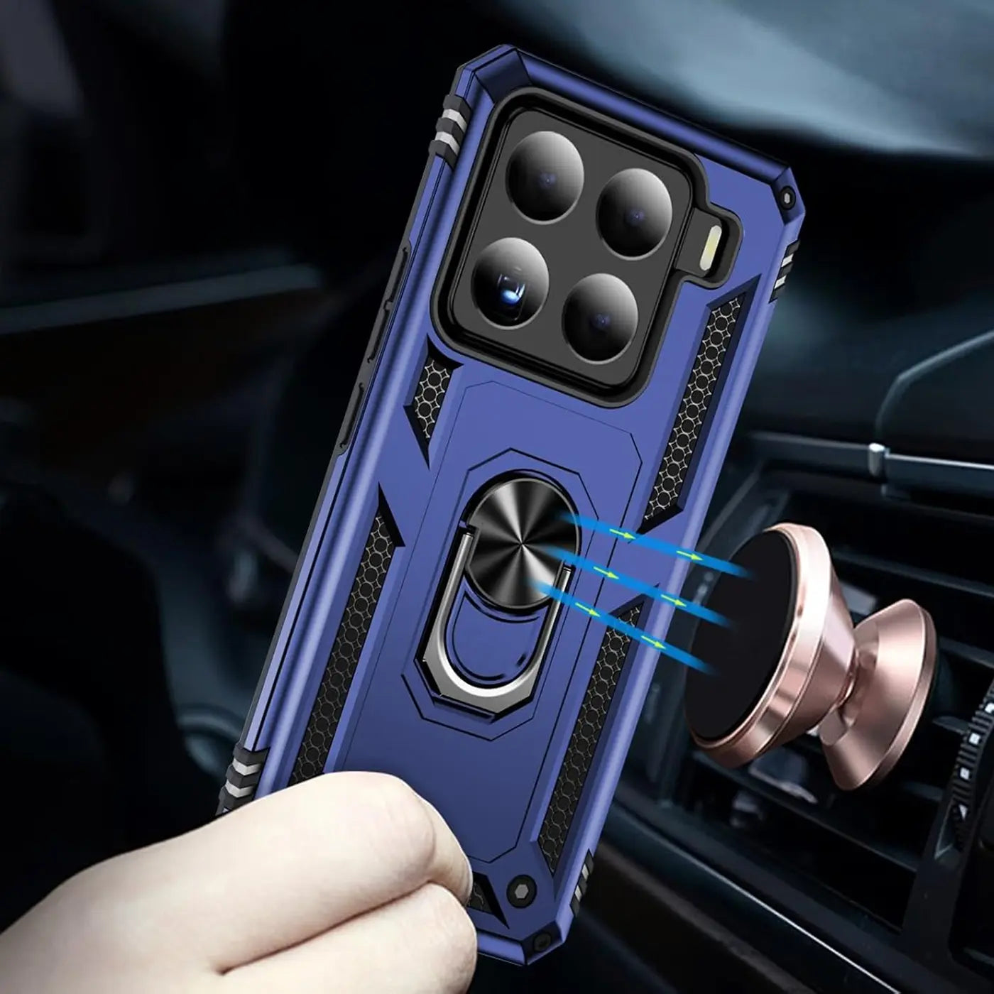 Blaue Hülle mit Ringhalter für Xiaomi 15, aus Kunststoff, von vorne schräg.