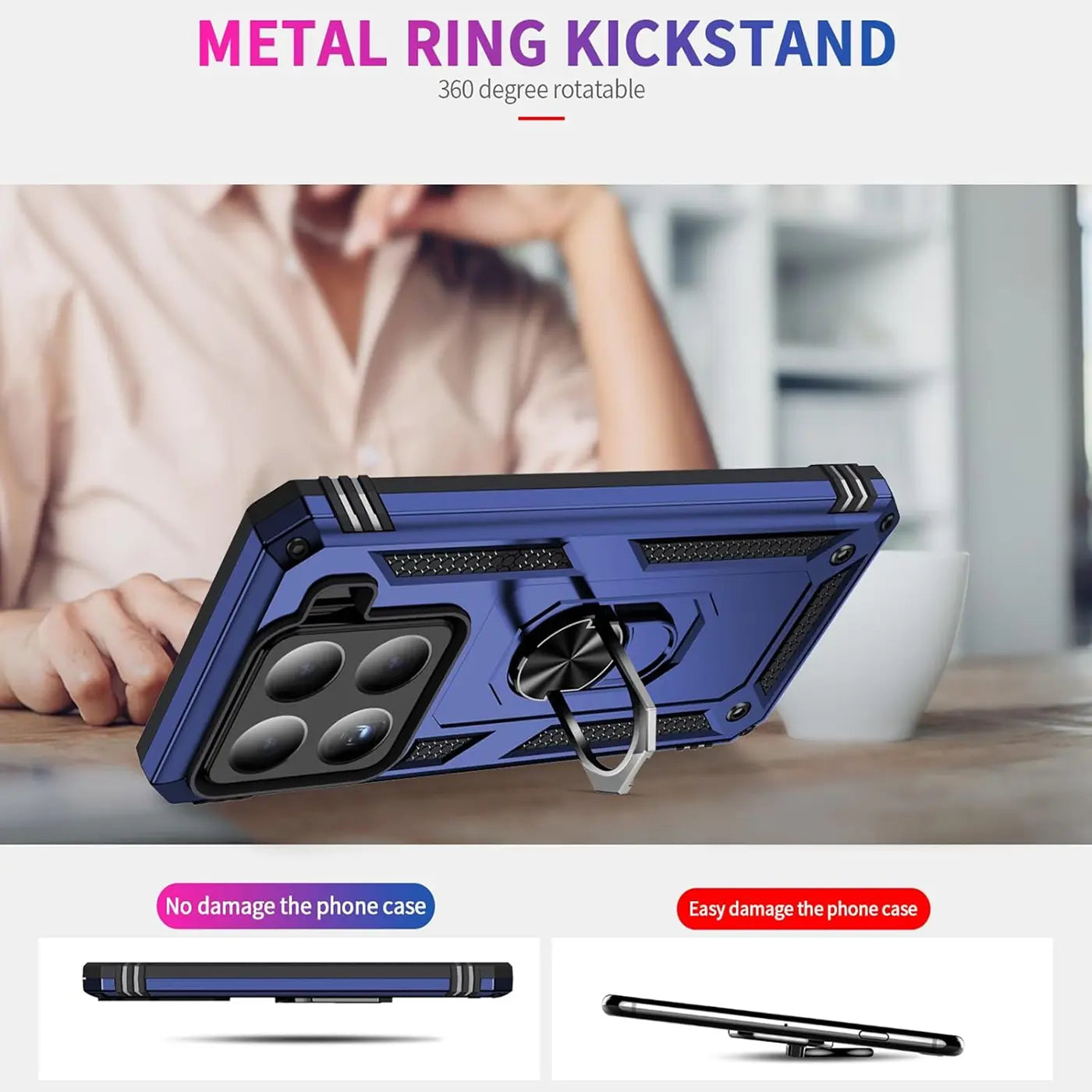 Blaue Hülle aus Kunststoff/Metall mit Ringhalter, Rückansicht, erkennbares Smartphone-Kameramodul.