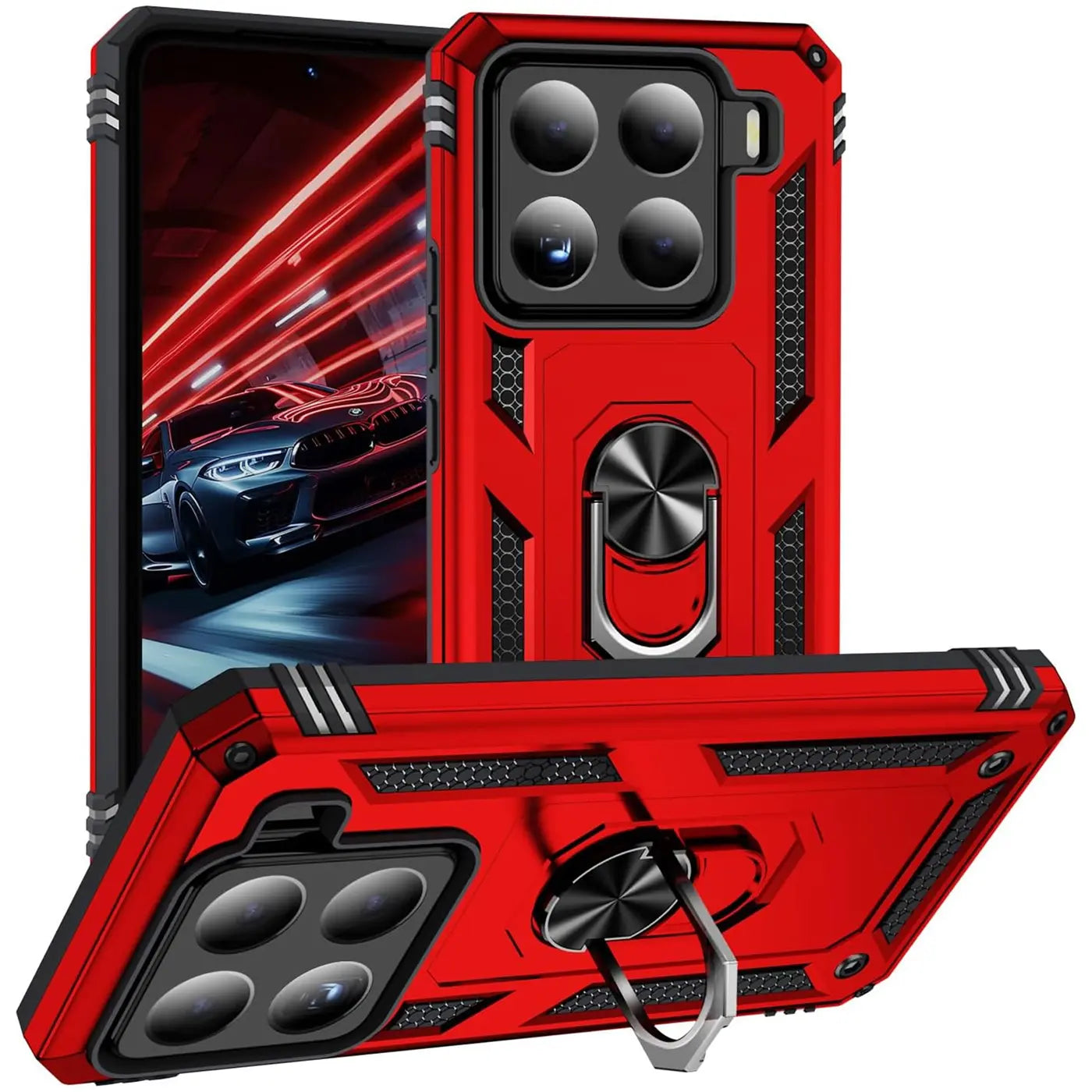 Rote Hülle mit Ringhalter für Xiaomi 15, aus Kunststoff, von vorne und schräg unten gezeigt.
