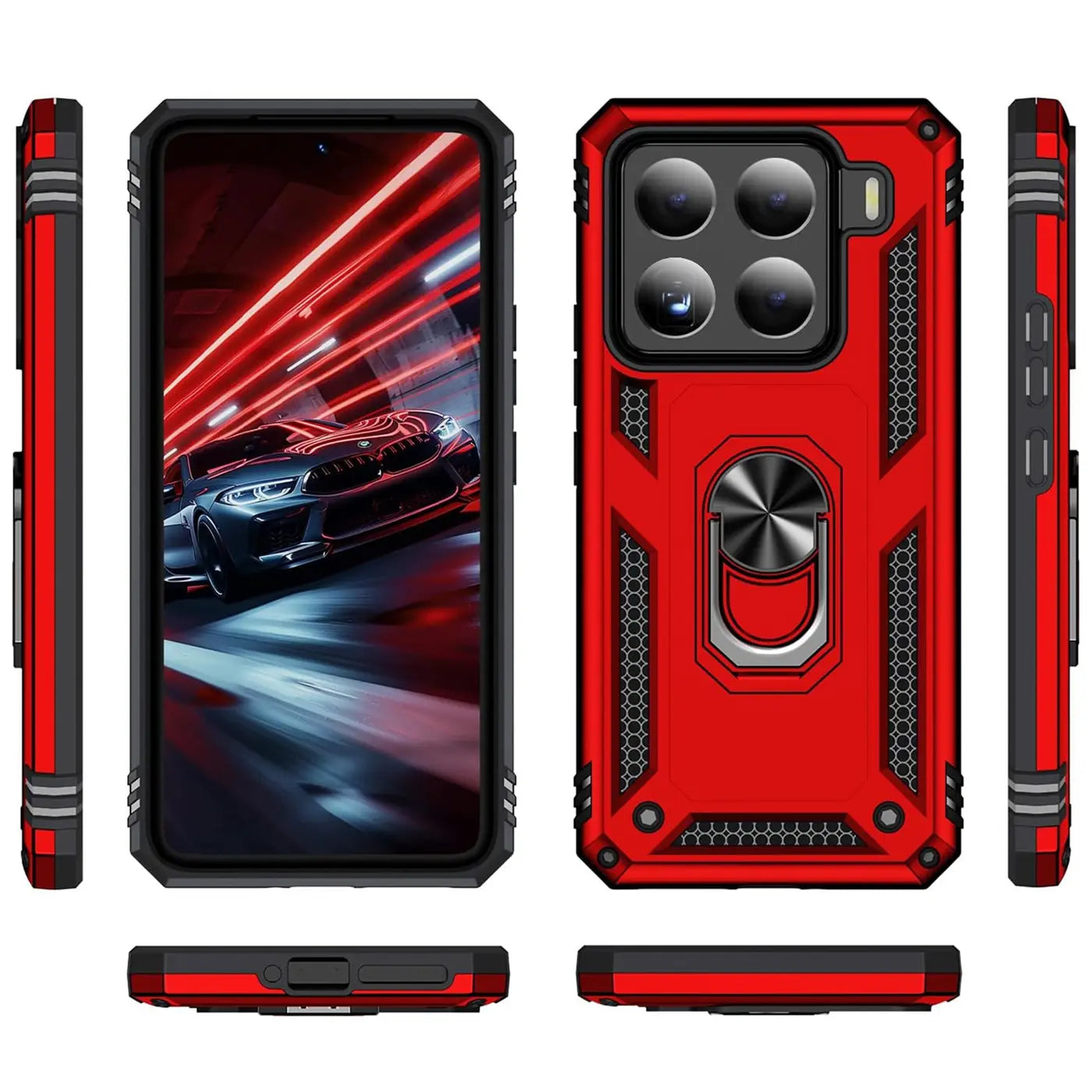 Rote Hülle mit Ringhalter für Xiaomi 15, aus Kunststoff, verschiedene Ansichten.