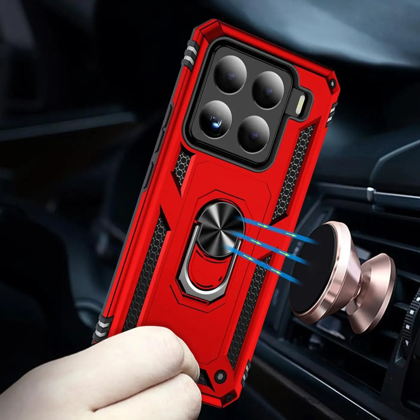Rote Hülle mit Ringhalter für Xiaomi 15, aus Kunststoff, Seitenansicht.