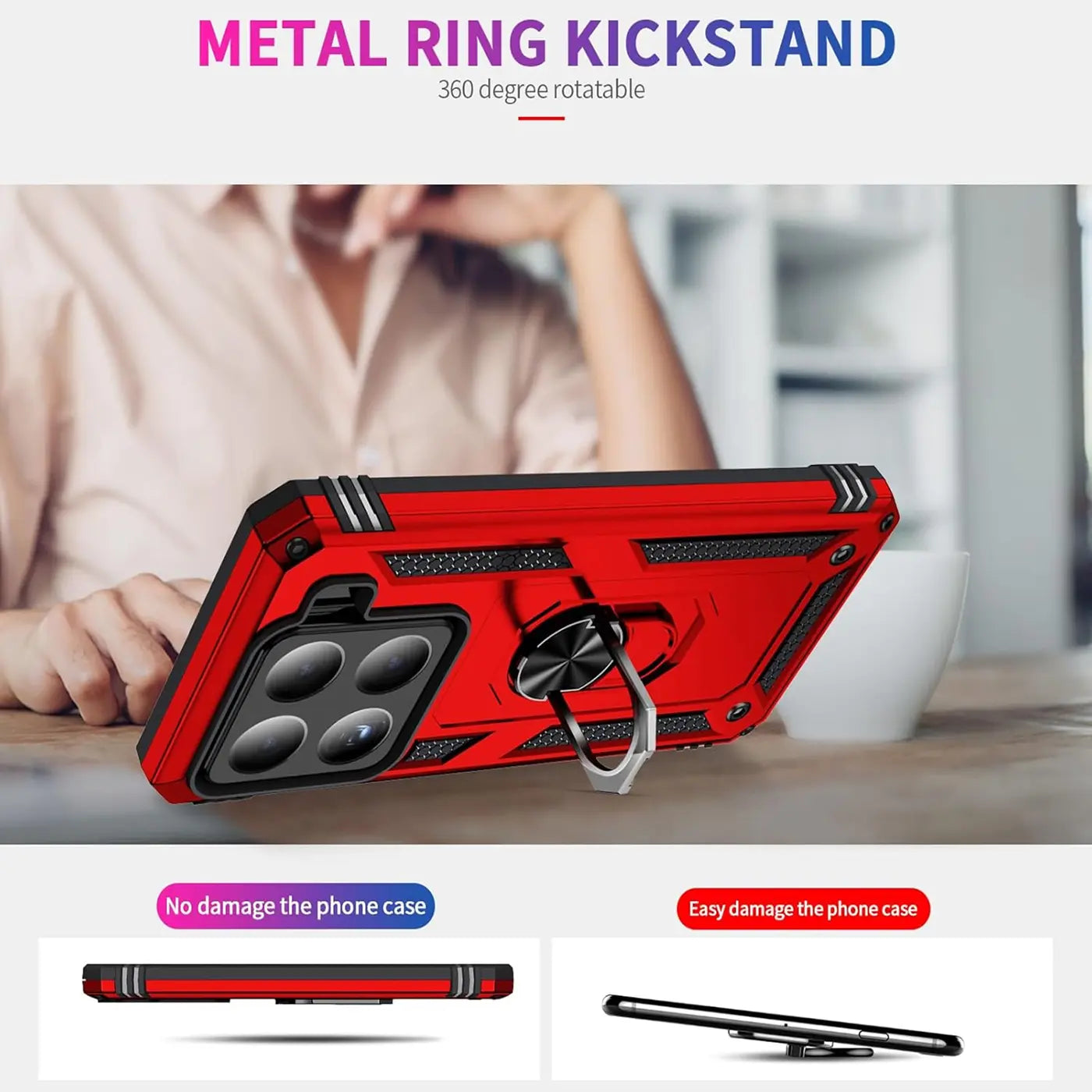 Rote Hülle mit Ringhalter, Metall, von schräg vorne, für Xiaomi 15.