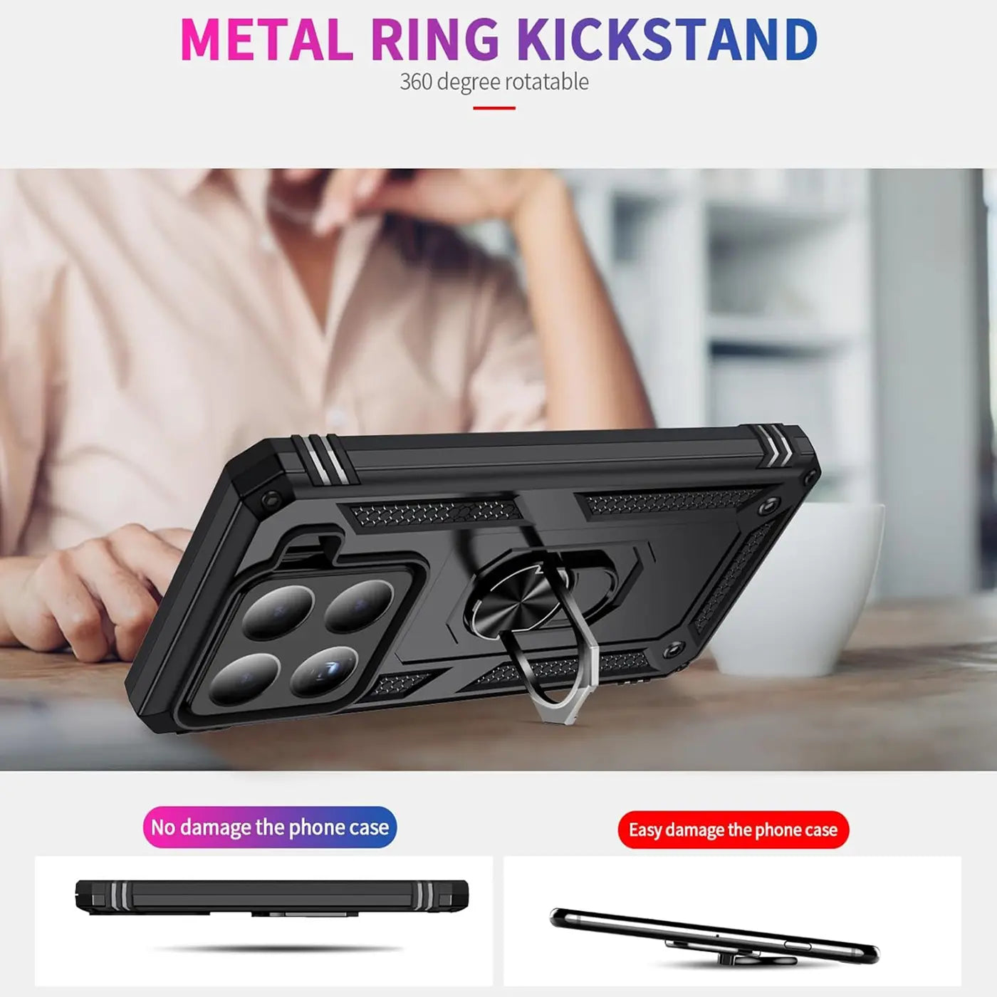 Schwarze Handyhülle aus Kunststoff mit Metallringhalter, von schräg vorne, erkennbares Smartphone-Kameramodul.