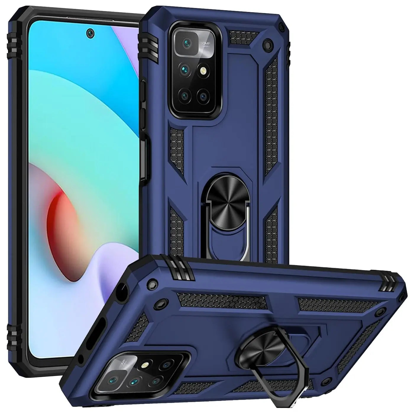 Dunkelblaue Hülle mit Ringhalter für Xiaomi Redmi 10, aus Kunststoff, aus verschiedenen Winkeln