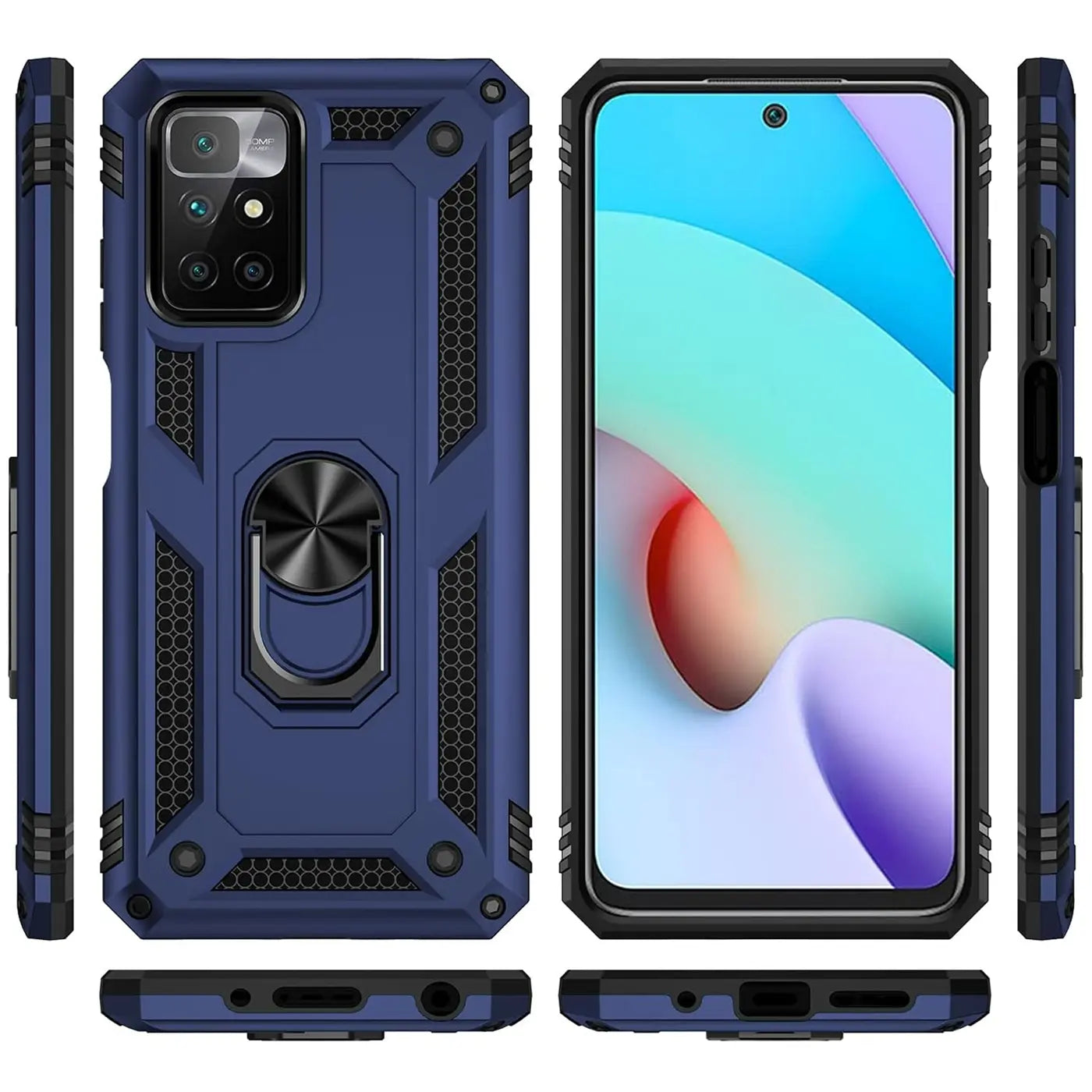 Dunkelblaue Hülle mit Ringhalter für Xiaomi Redmi 10, Vorder- und Rückansicht, aus Kunststoff.