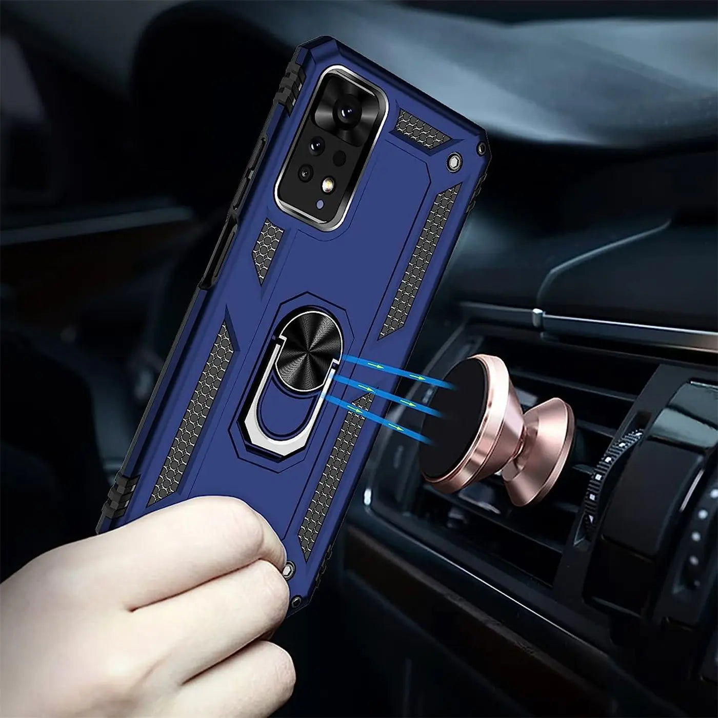 Blaue Hülle mit Ringhalter für Xiaomi Redmi 10, von vorne, mit magnetischer Autohalterung.