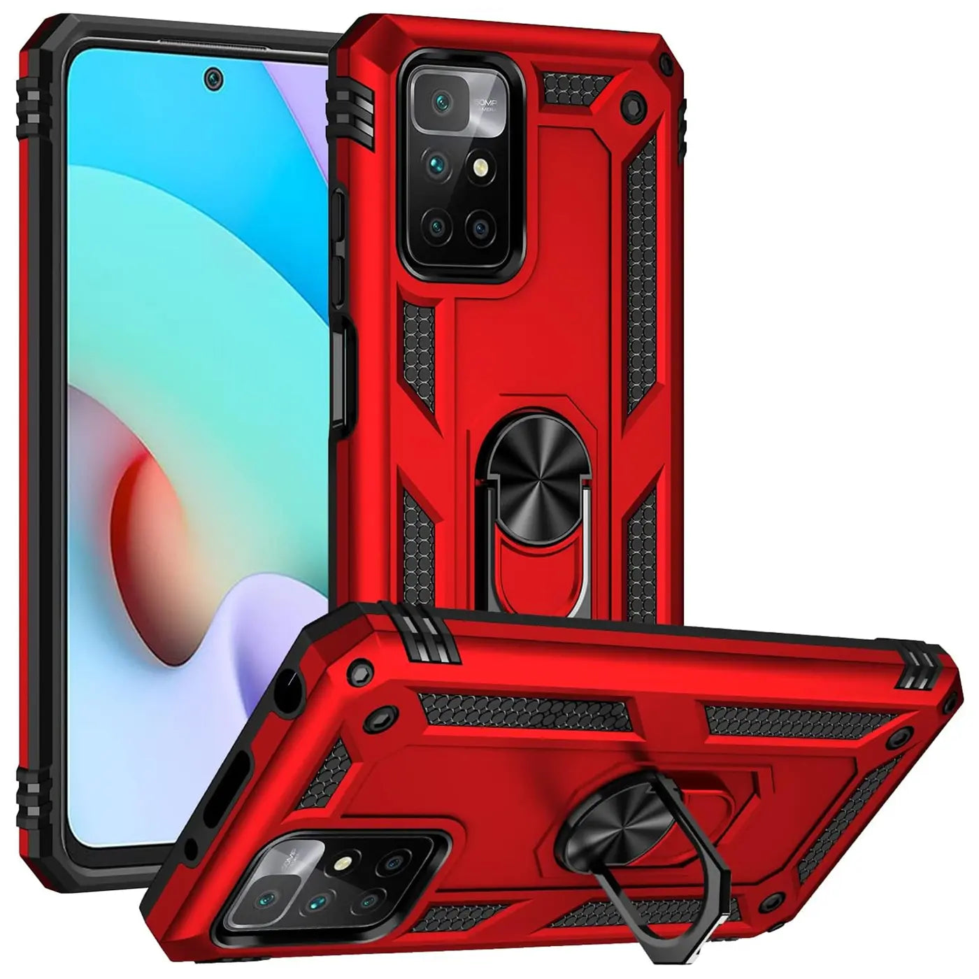 Rote Hülle mit Ringhalter für Xiaomi Redmi 10, aus Kunststoff, aus verschiedenen Winkeln