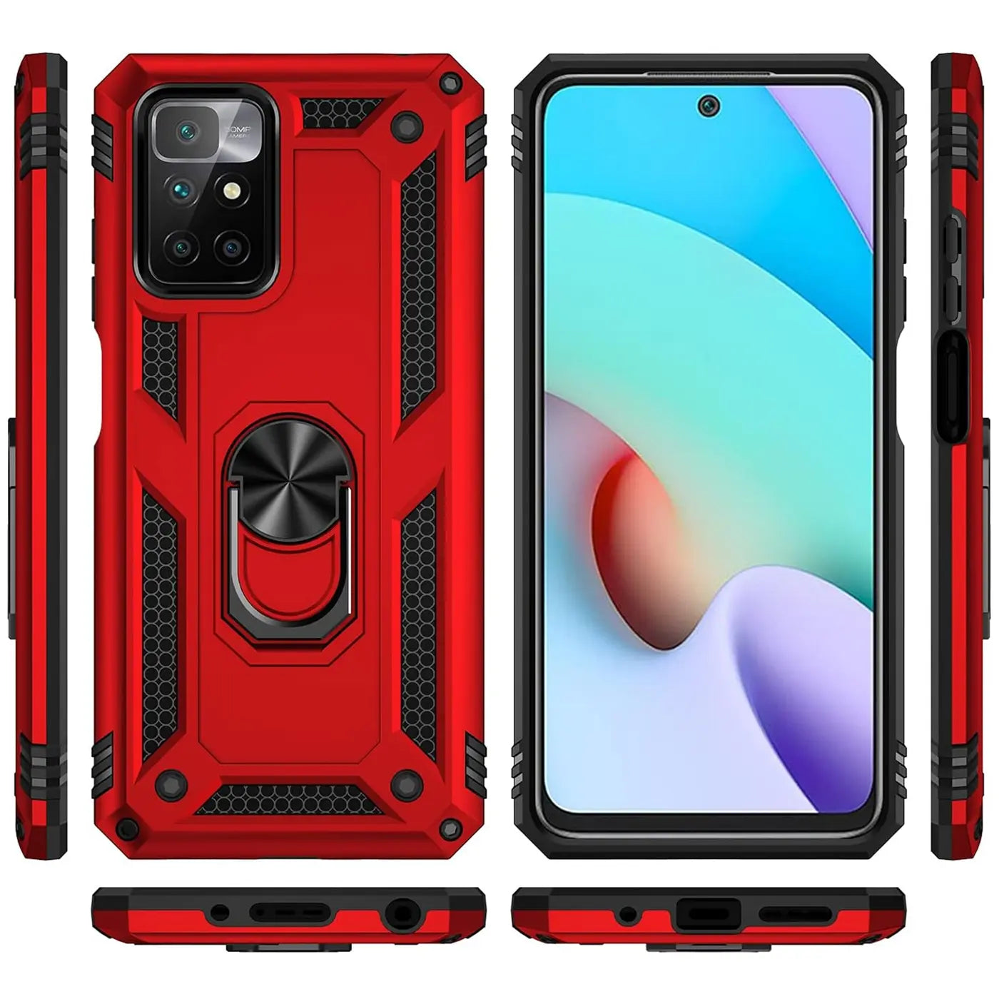 Rote Hülle mit Ringhalter, aus Kunststoff, für Xiaomi Redmi 10, Vorder- und Rückansicht.