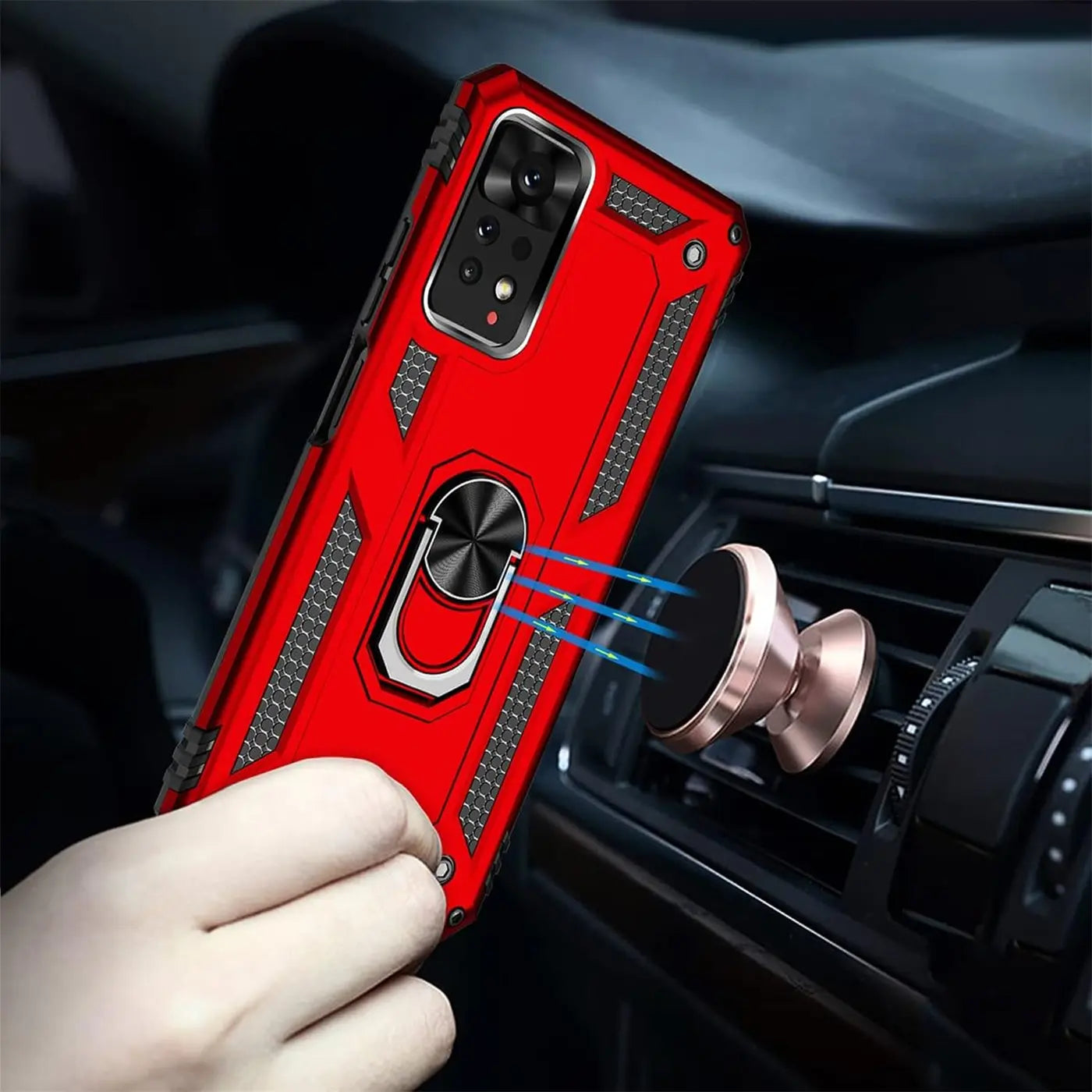 Rote Hülle mit Ringhalter für Xiaomi Redmi 10, von vorne, aus Kunststoff.