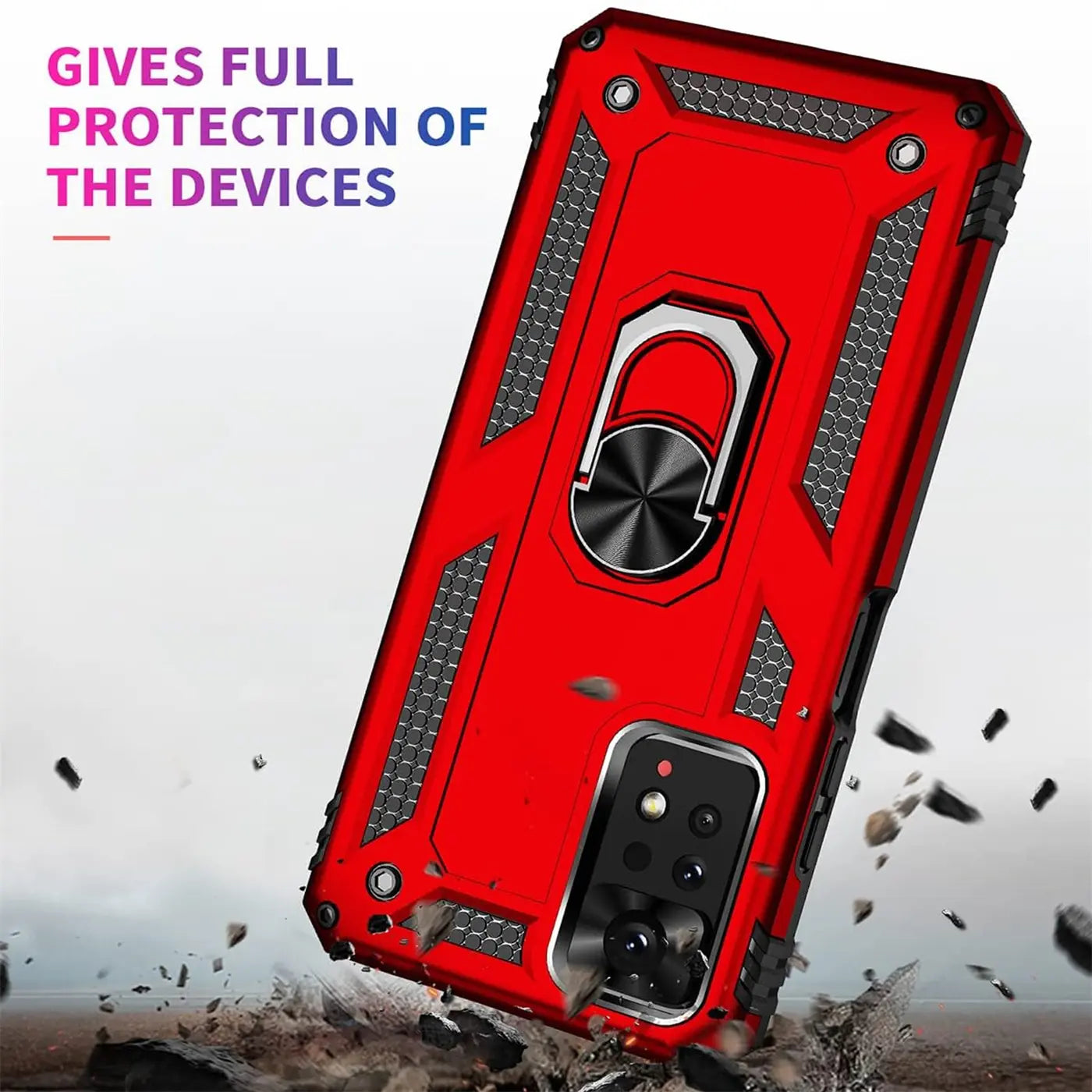 Rote Military-Hülle aus Kunststoff mit Ringhalter, Rückansicht, Xiaomi Redmi 10 erkennbar.