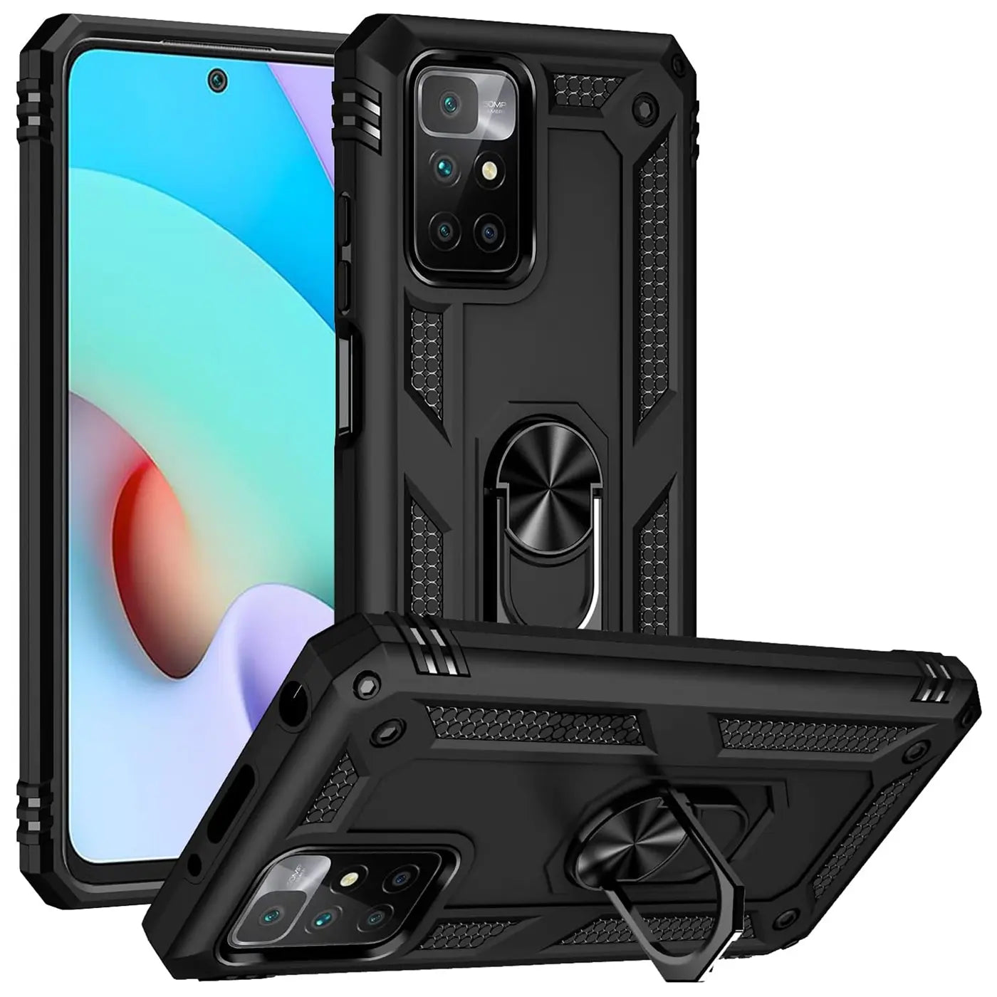 Schwarze Hülle aus Kunststoff mit Ringhalter für Xiaomi Redmi 10, von vorne und unten gezeigt.