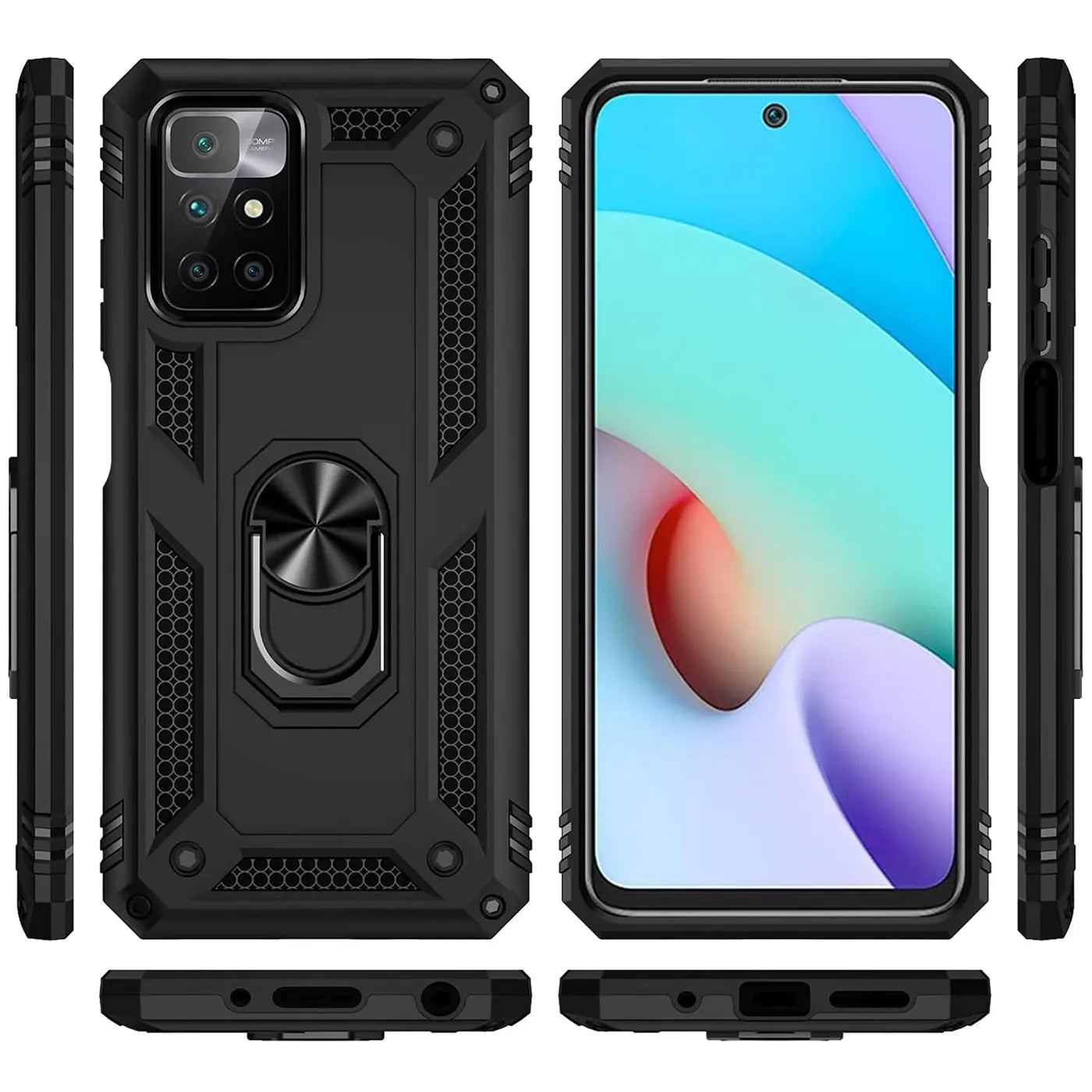 Schwarze Militär-Hülle aus Kunststoff mit Ringhalter für Xiaomi Redmi 10, Vorder- und Rückansicht.