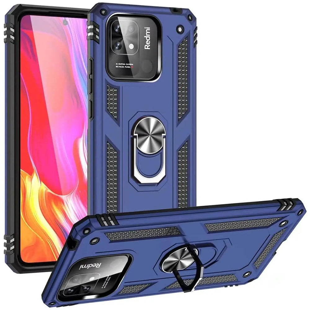 Blaue Hülle mit Ringhalter für Xiaomi Redmi 10C, aus Kunststoff, von vorne und schräg
