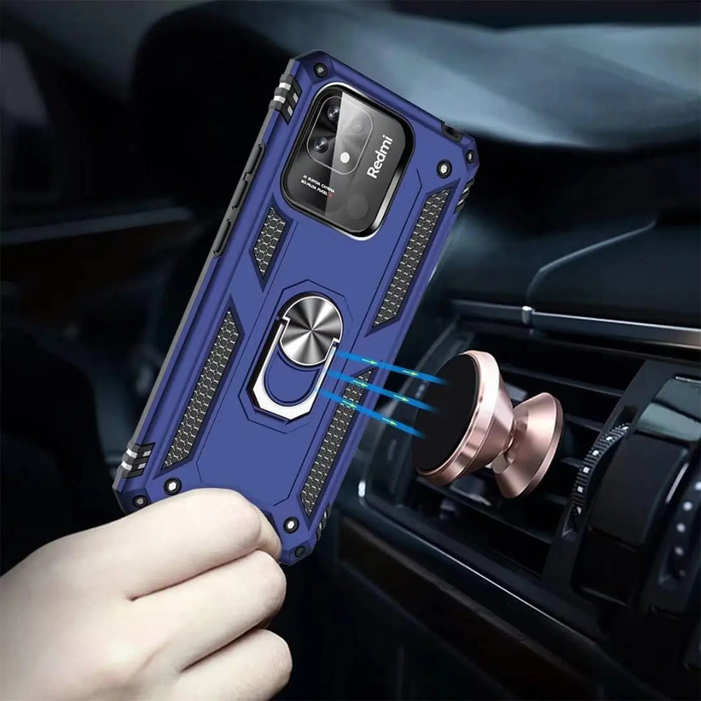 Blaue Hülle mit Ringhalter für Xiaomi Redmi 10C, von vorne, Metall und Kunststoff