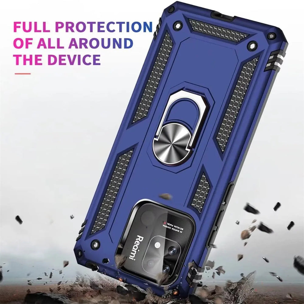 Blaue Military Hülle mit Ringhalter für Xiaomi Redmi 10C, von schräg oben