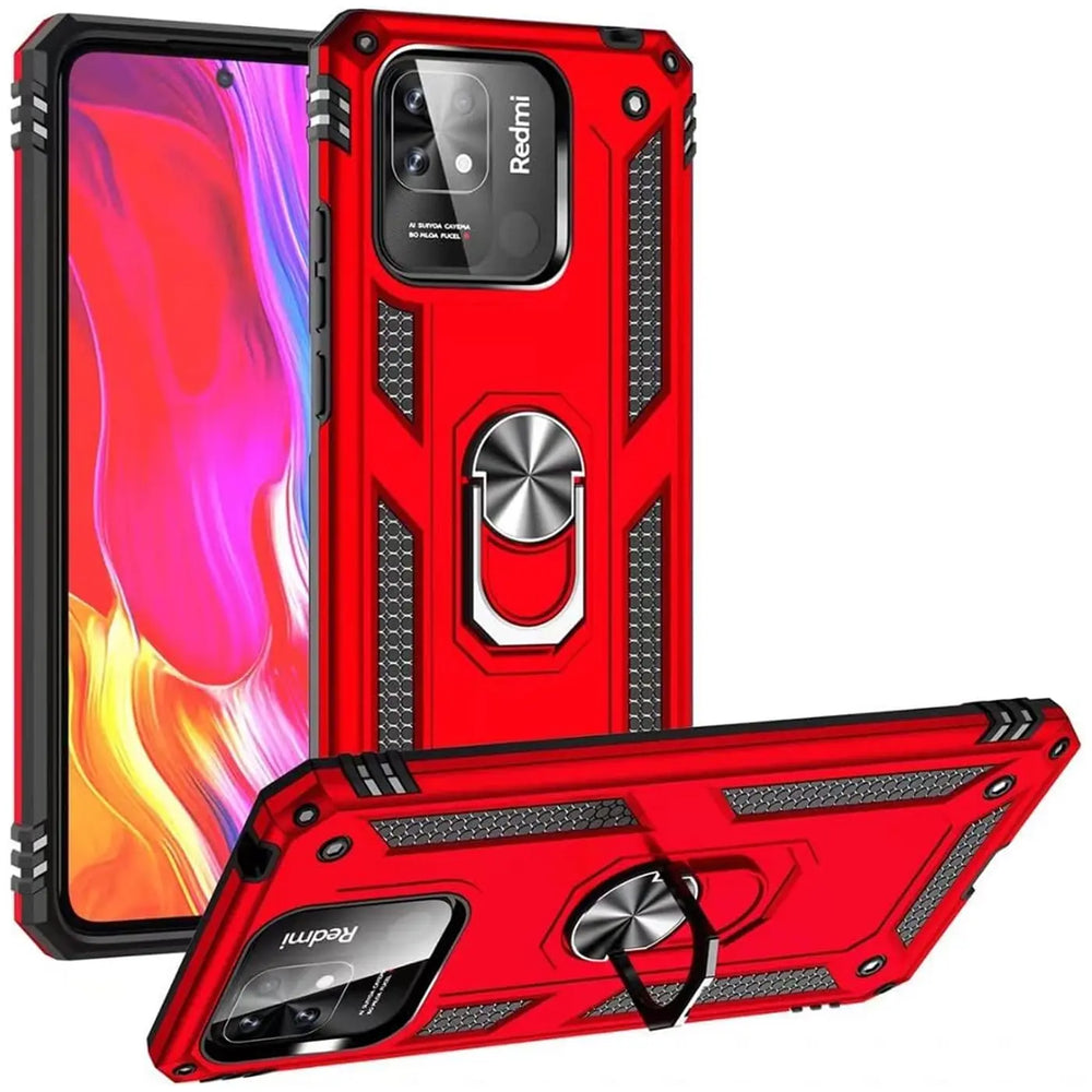 Rote Hülle mit Ringhalter für Xiaomi Redmi 10C, aus Kunststoff, Vorder- und Seitenansicht.