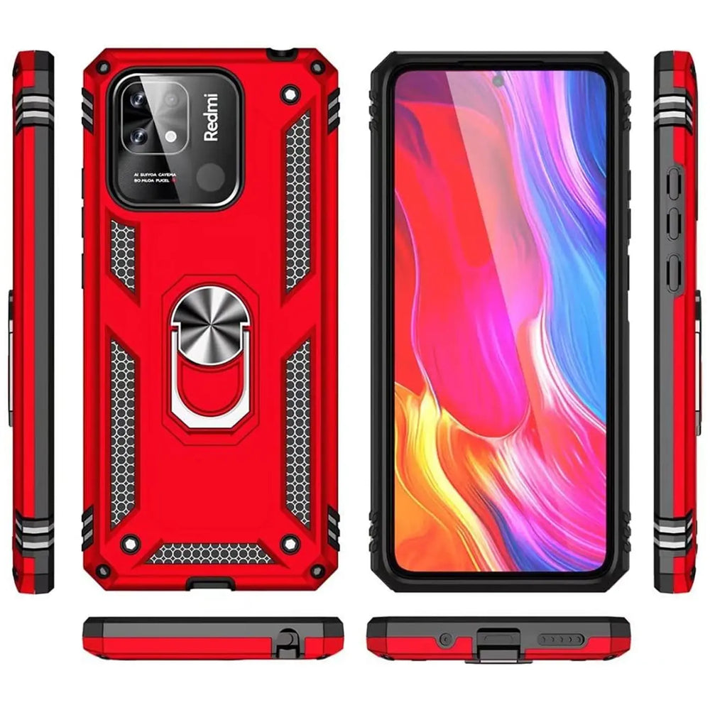 Rote Hülle mit Ringhalter für Xiaomi Redmi 10C, verschiedene Ansichten