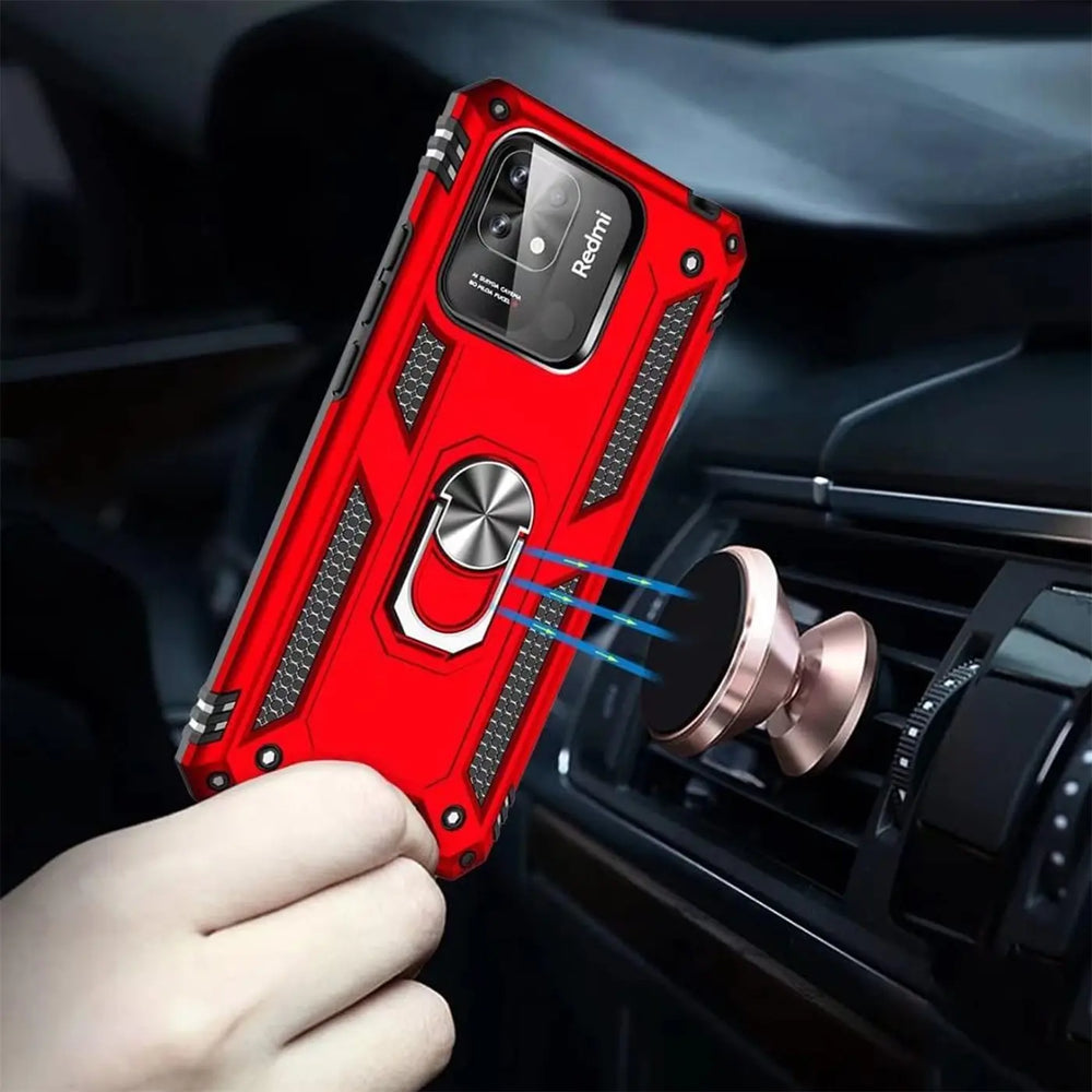Rote Hülle mit Ringhalter für Xiaomi Redmi 10C, aus Kunststoff, Nahaufnahme.
