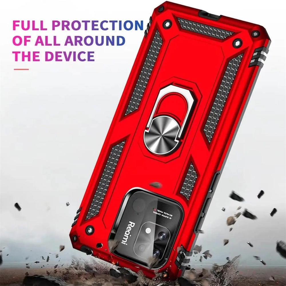 Rote Military Hülle mit Ringhalter für Xiaomi Redmi 10C, von vorne schräg
