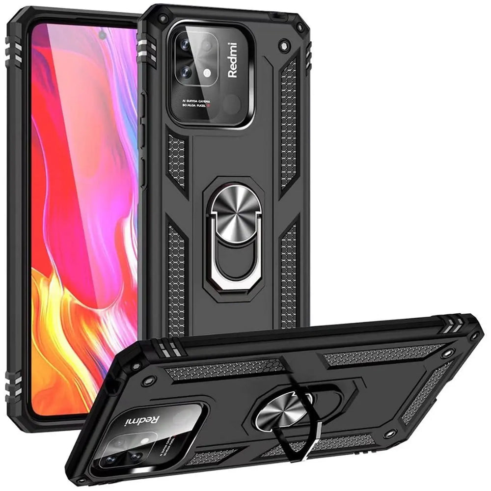 Schwarze Military-Hülle mit Ringhalter für Xiaomi Redmi 10C, von vorne und unten gezeigt.
