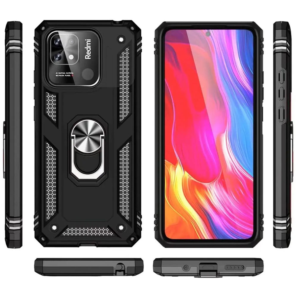 Schwarze Military Hülle mit Ringhalter für Xiaomi Redmi 10C, verschiedene Ansichten.