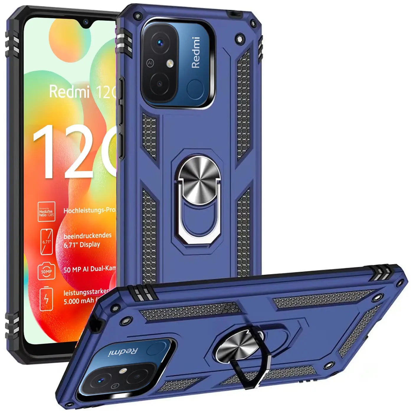 Blaue Military Hülle mit Ringhalter für Xiaomi Redmi 12C, aus Kunststoff, von vorne und schräg