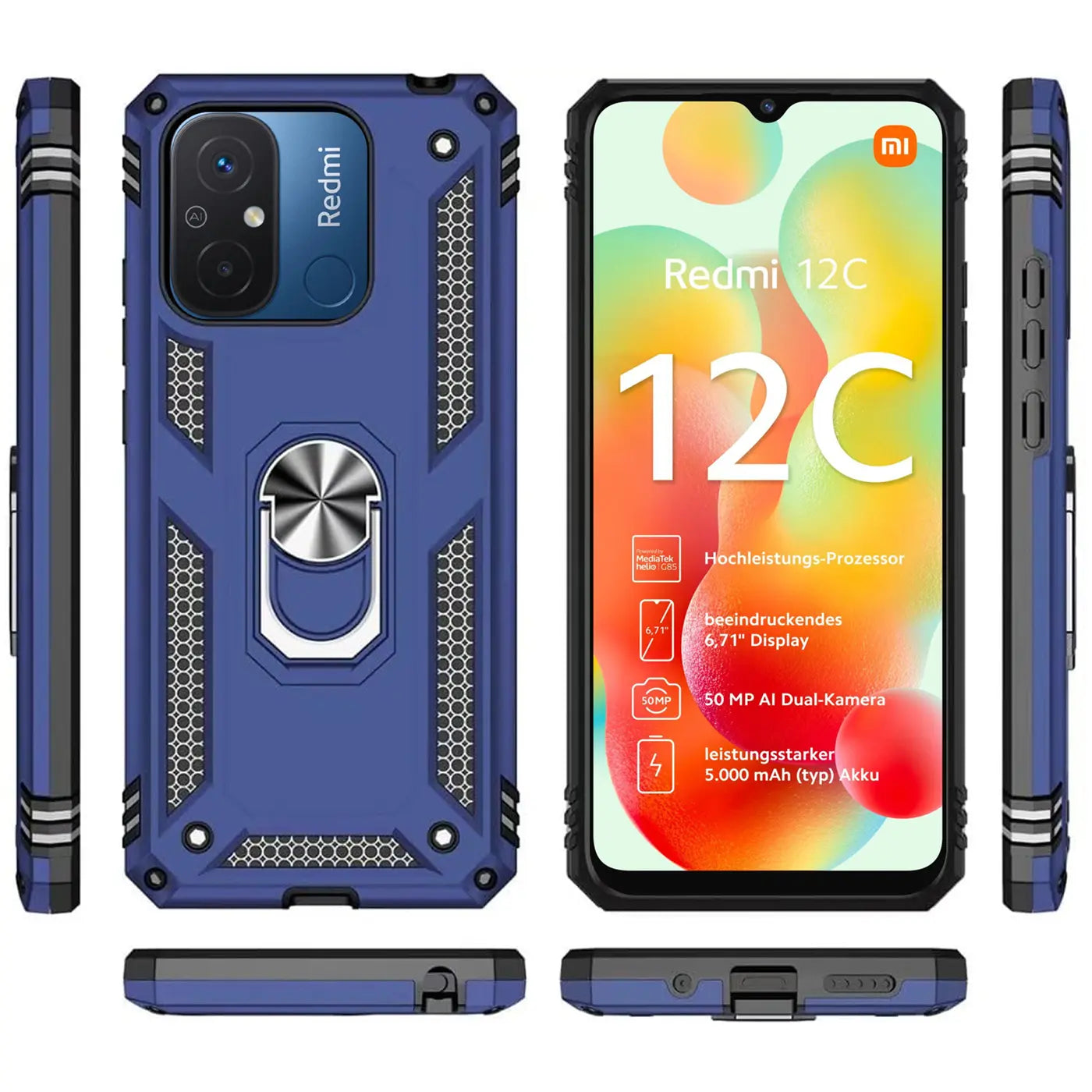 Blaue Hülle mit Ringhalter für Xiaomi Redmi 12C, verschiedene Ansichten, Kunststoff.
