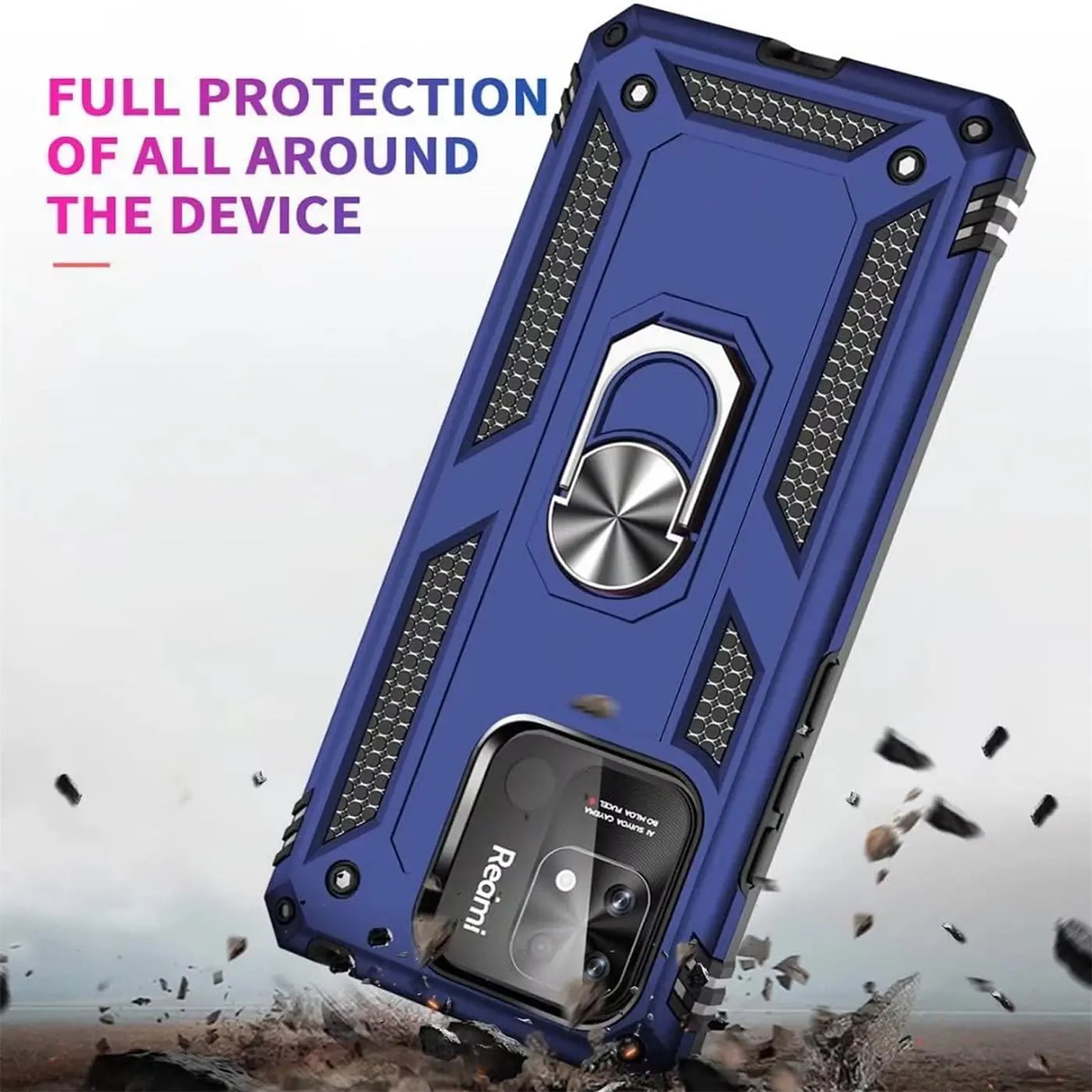 Blaue Hülle mit Ringhalter für Xiaomi Redmi 12C, von schräg oben